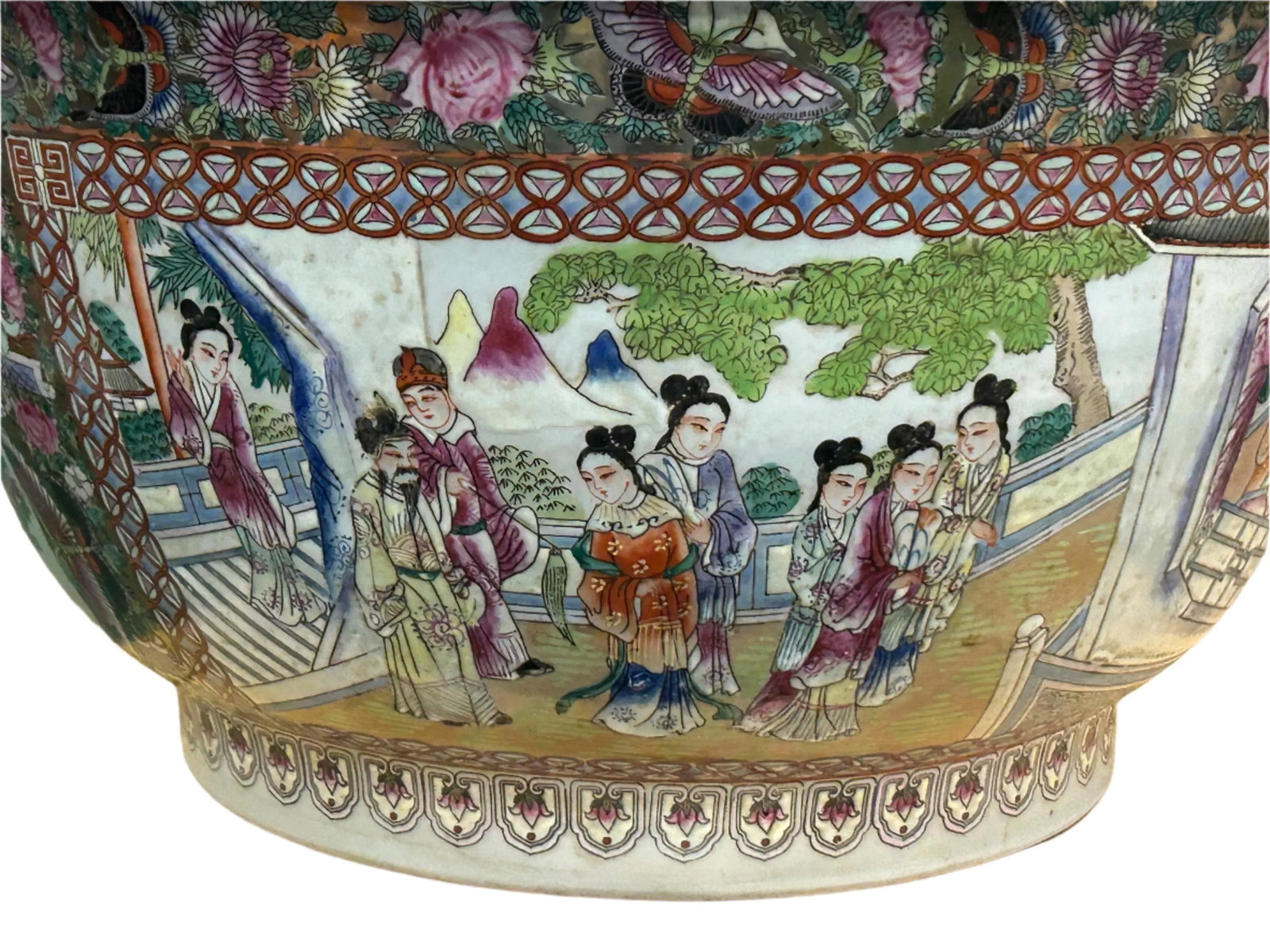 Vintage Chinese Famille Rose People House Graphic Large Porcelain Bowl Pot - 5