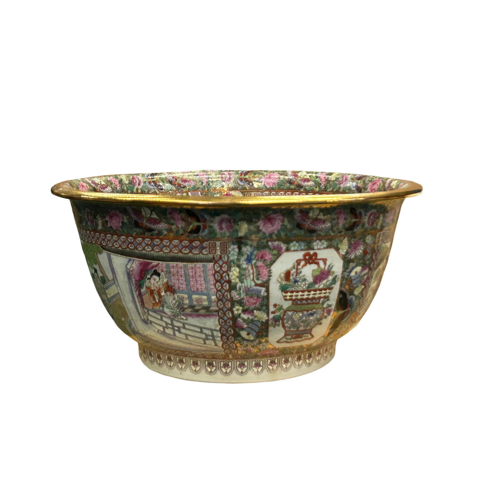 Vintage Chinese Famille Rose People House Graphic Large Porcelain Bowl Pot - 7