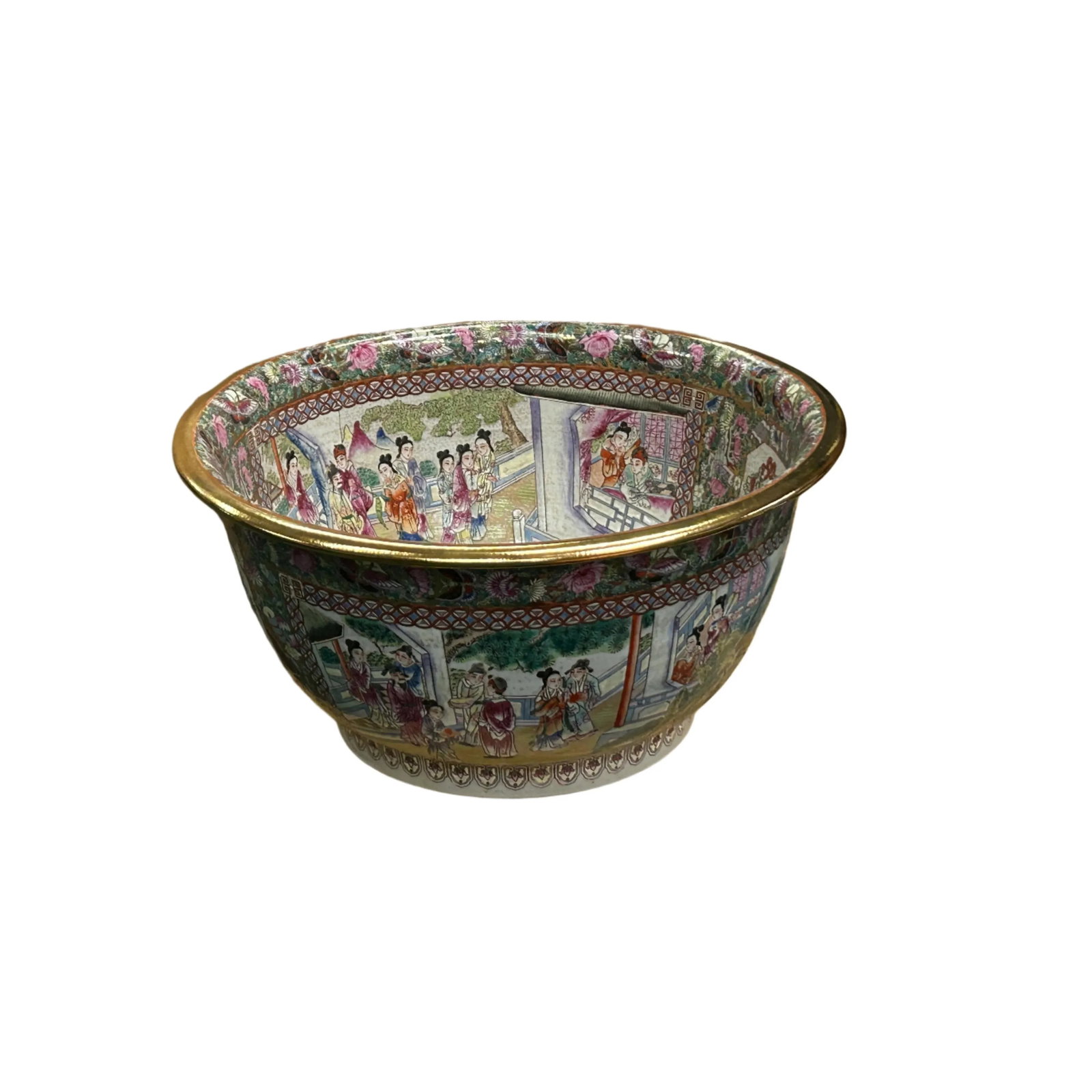 Vintage Chinese Famille Rose People House Graphic Large Porcelain Bowl Pot - 8