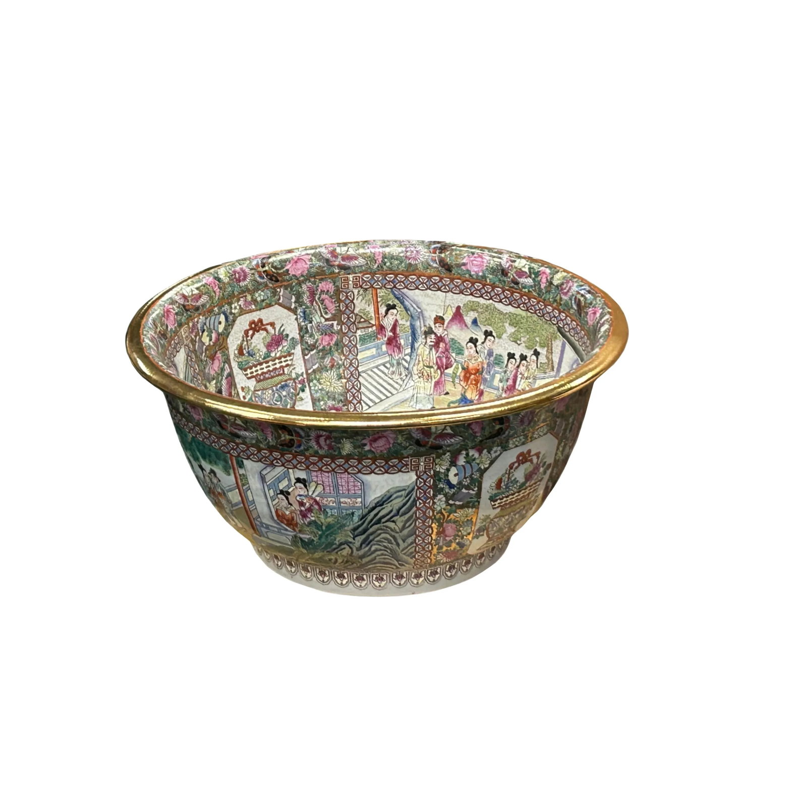 Vintage Chinese Famille Rose People House Graphic Large Porcelain Bowl Pot - 9
