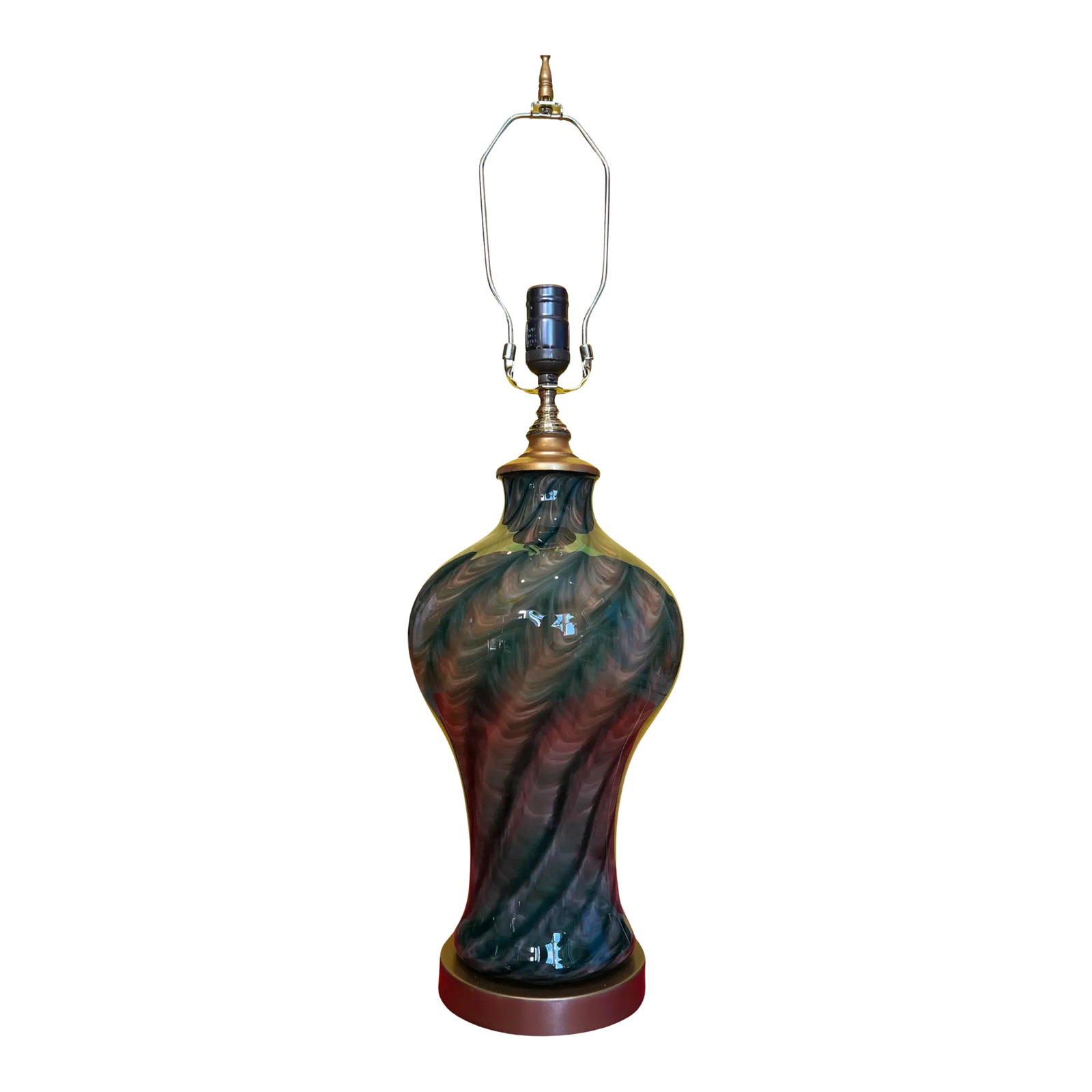 Art Glass Green Amber Swirl Table Lamp: This exquisite art glass table lamp is a captivating fusion of vintage craftsmanship and modern artistry, a truly one-of-a-kind creation. The lamp boasts a graceful, bulbous body that gently tapers to