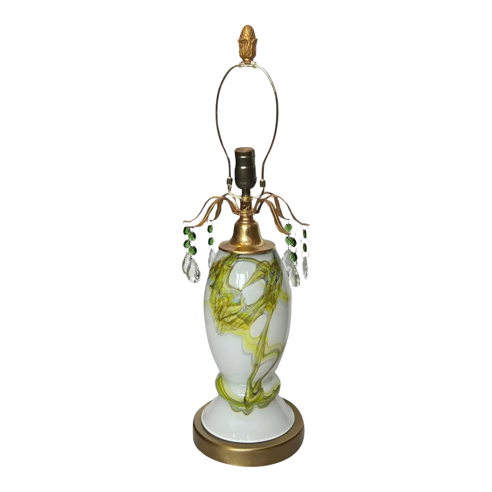 Polish Art Glass Green White Table Lamp: This breathtaking, one-of-a-kind table lamp is a true work of art, meticulously custom-crafted from vintage art glass and brass, blending old-world craftsmanship with timeless elegance. The lamp's bod