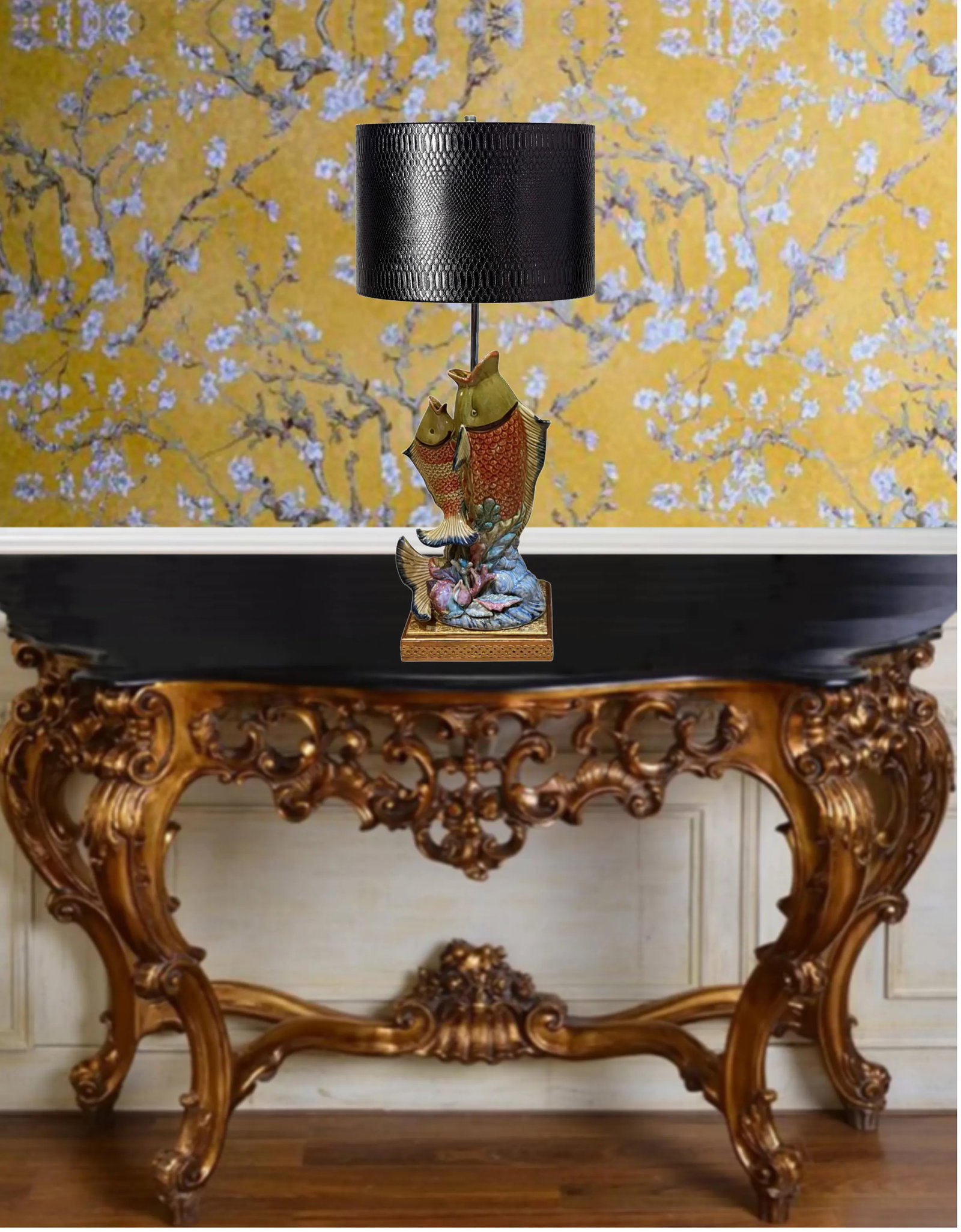 Majolica Leaping Fish Coral Table Lamp - 7