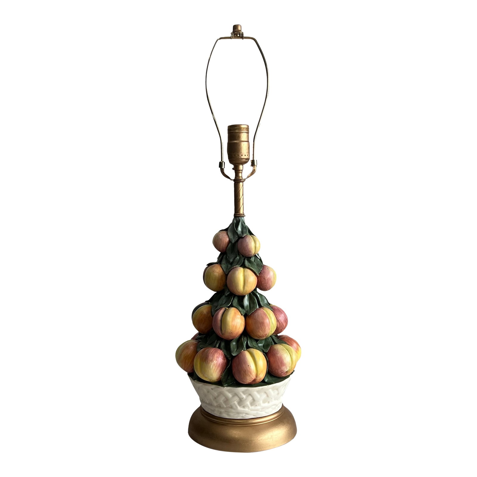 Capodimonte Porcelain Peach Topiary Table Lamp: This exquisite porcelain topiary lamp, handcrafted by skilled Italian artisans, showcases a stunning arrangement of stacked peaches nestled in a delicately sculpted white basket. Each peach is