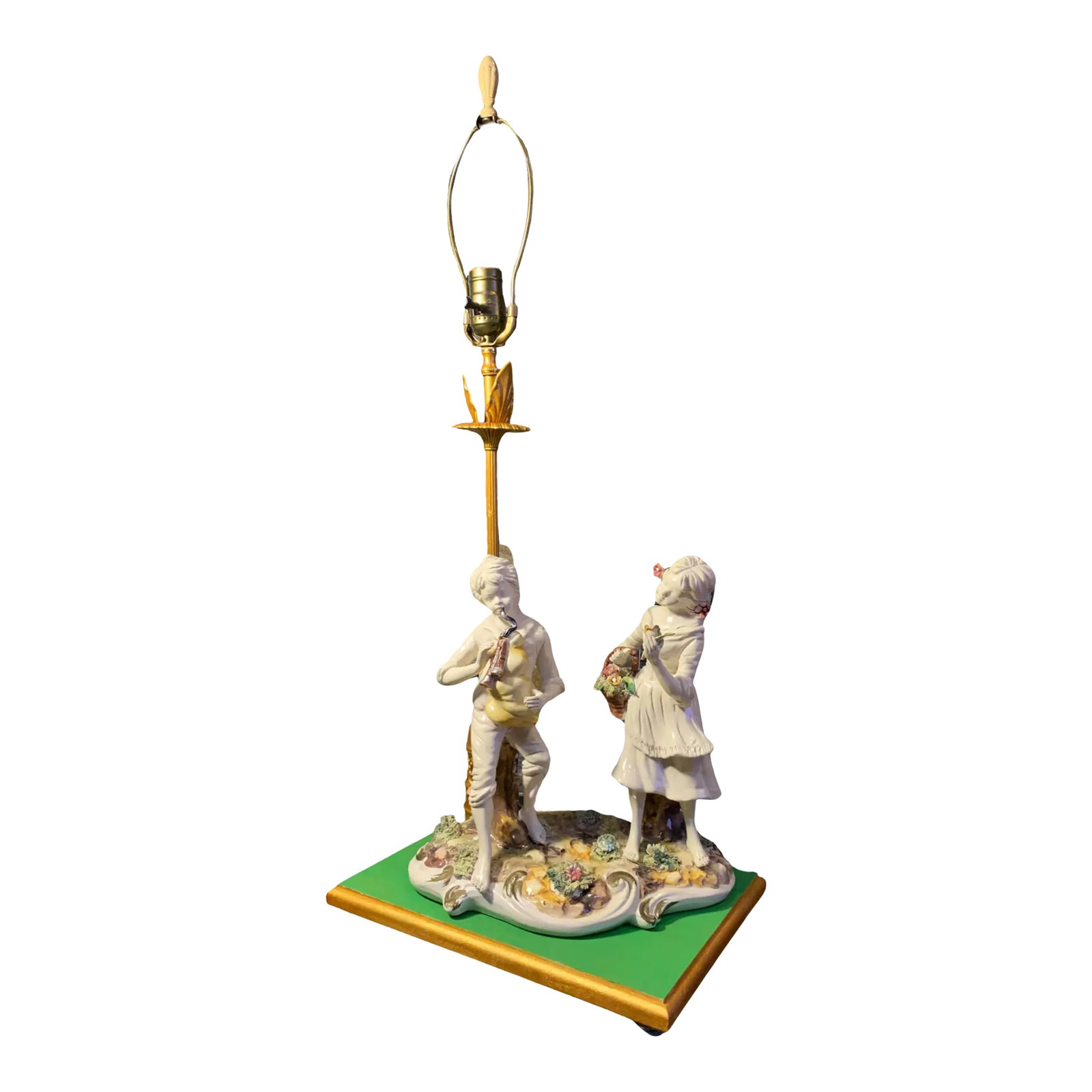 Capodimonte Porcelain Boy Playing the Bag Pipes With His Sister Table Lamp: This exquisite early 20th-century Capodimonte porcelain figurine lamp is a true work of art. Figurine alone stands 11 Â¾ inches tall. Unlike most Capodimonte pieces, which are often richly