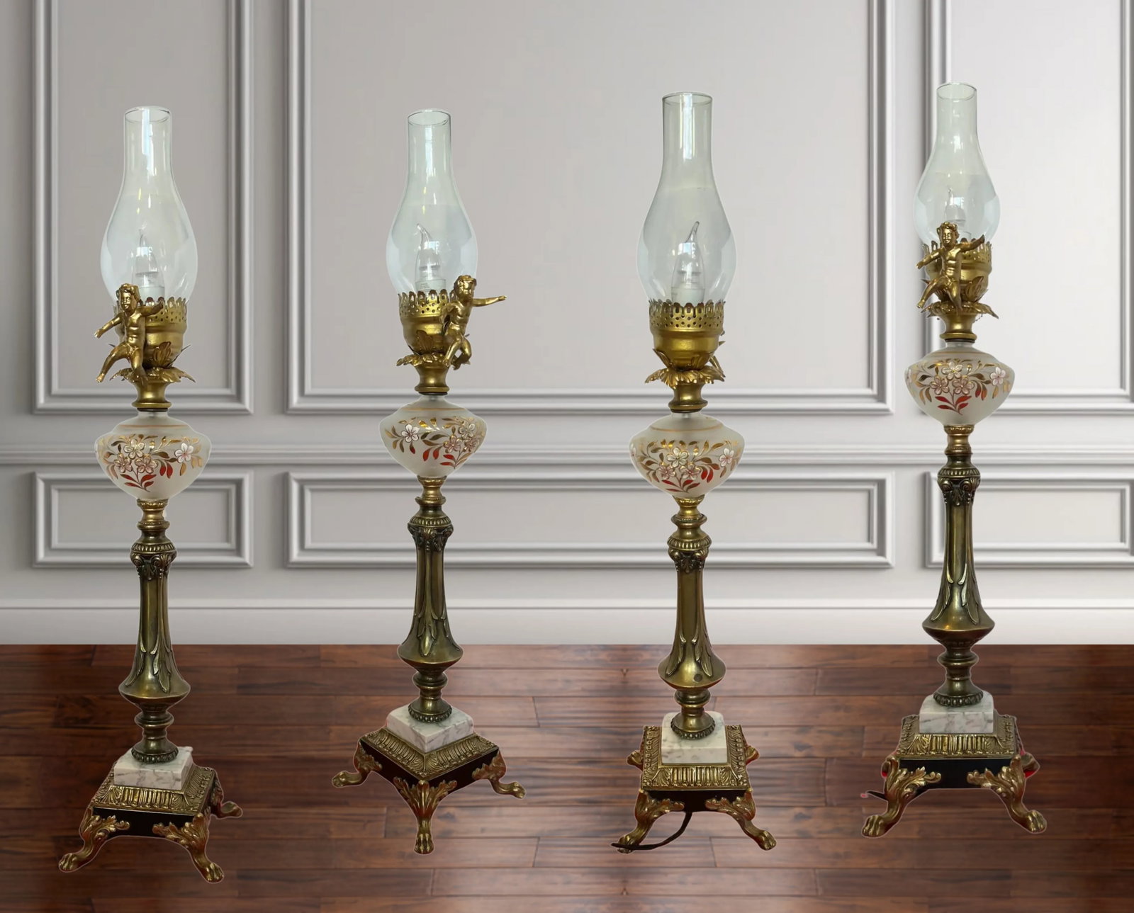 MId-Century Brass Cherub Floral Glass Torchiere Table Lamp - 10