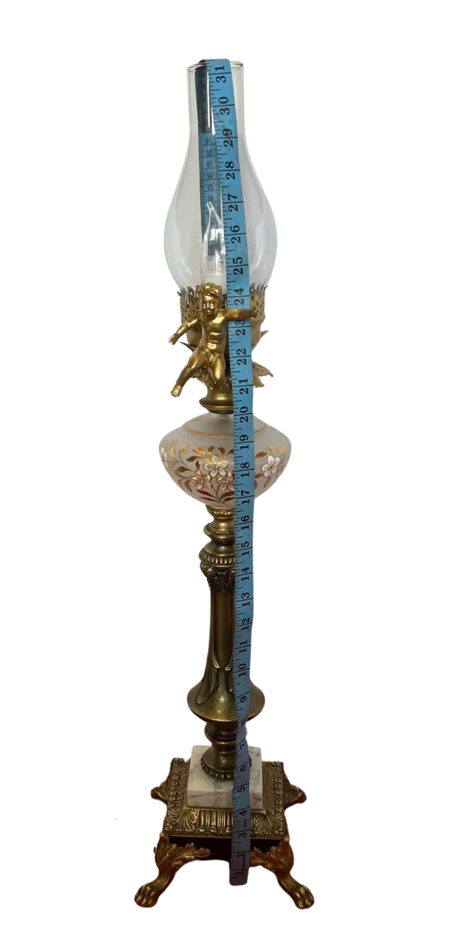 MId-Century Brass Cherub Floral Glass Torchiere Table Lamp - 12