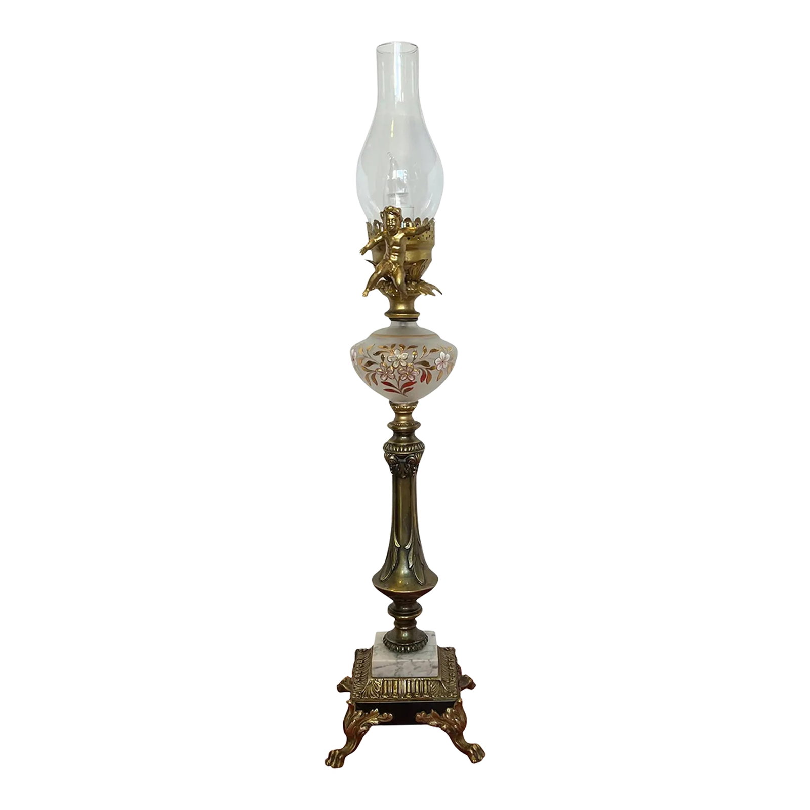 MId-Century Brass Cherub Floral Glass Torchiere Table Lamp: This unique lamp was carefully crafted by combining several vintage mid-century lamp parts, resulting in a stunning one-of-a-kind creation. The centerpiece is a hand-blown West German frosted glass or