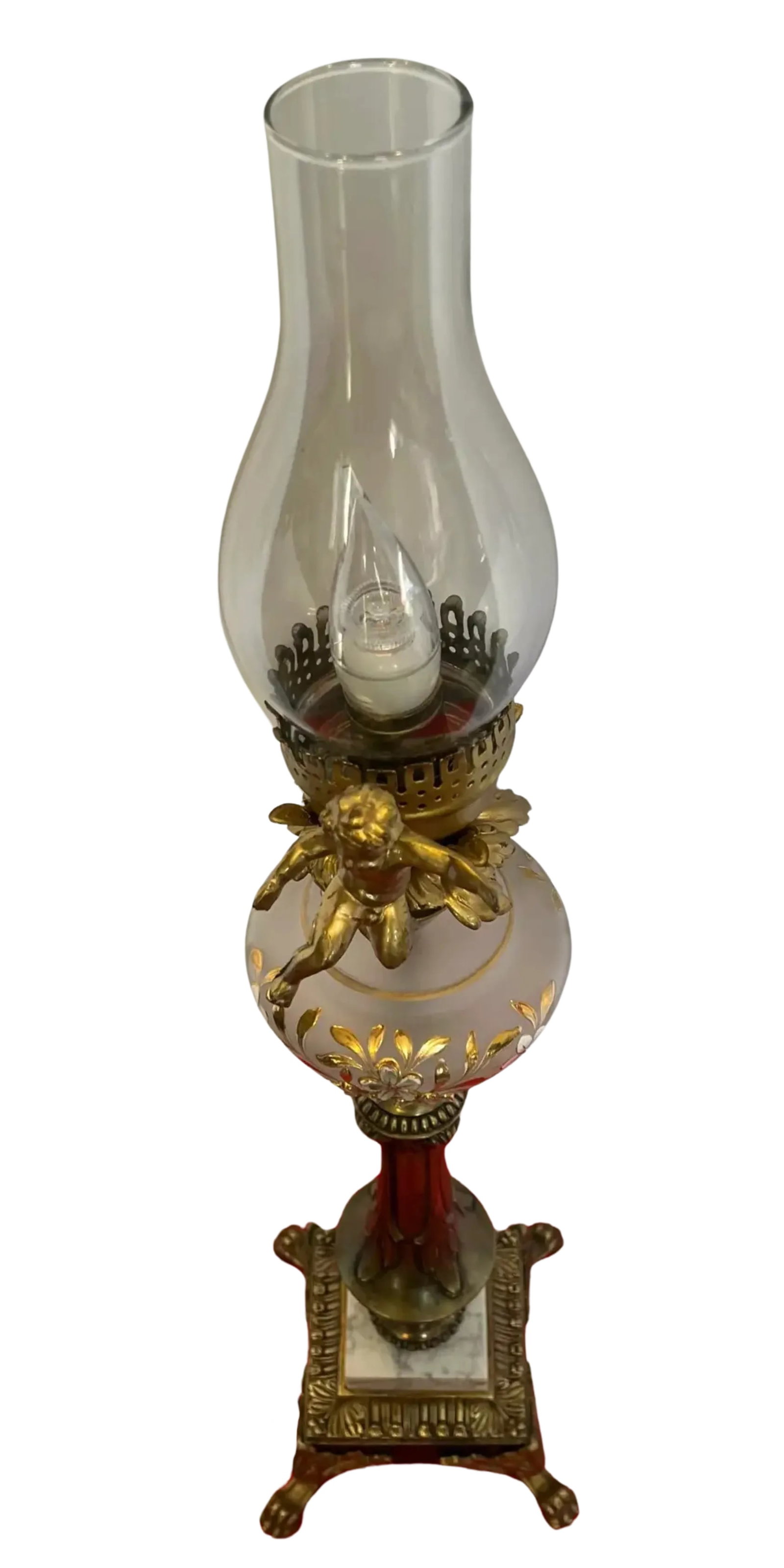 MId-Century Brass Cherub Floral Glass Torchiere Table Lamp - 4