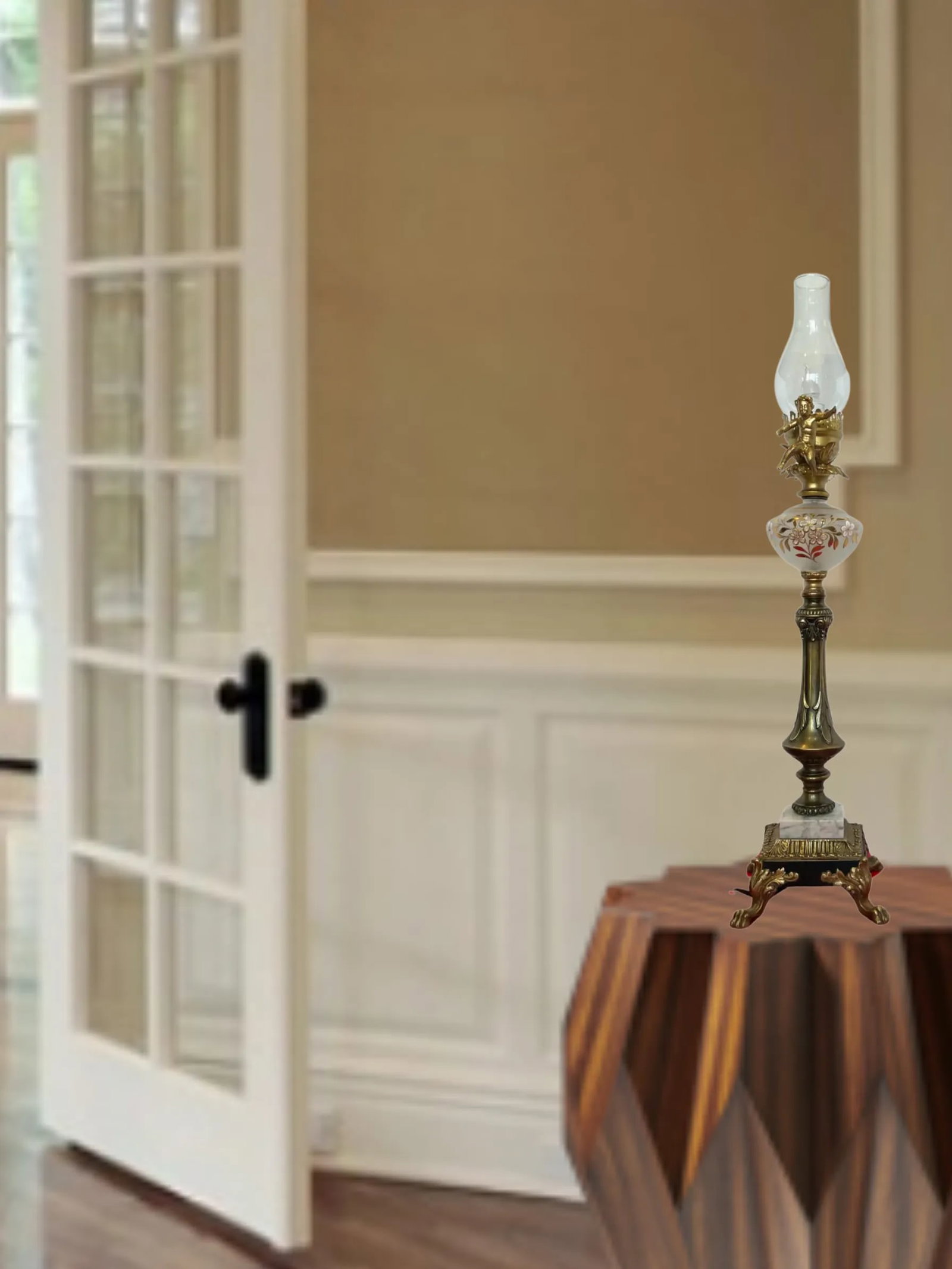 MId-Century Brass Cherub Floral Glass Torchiere Table Lamp - 6