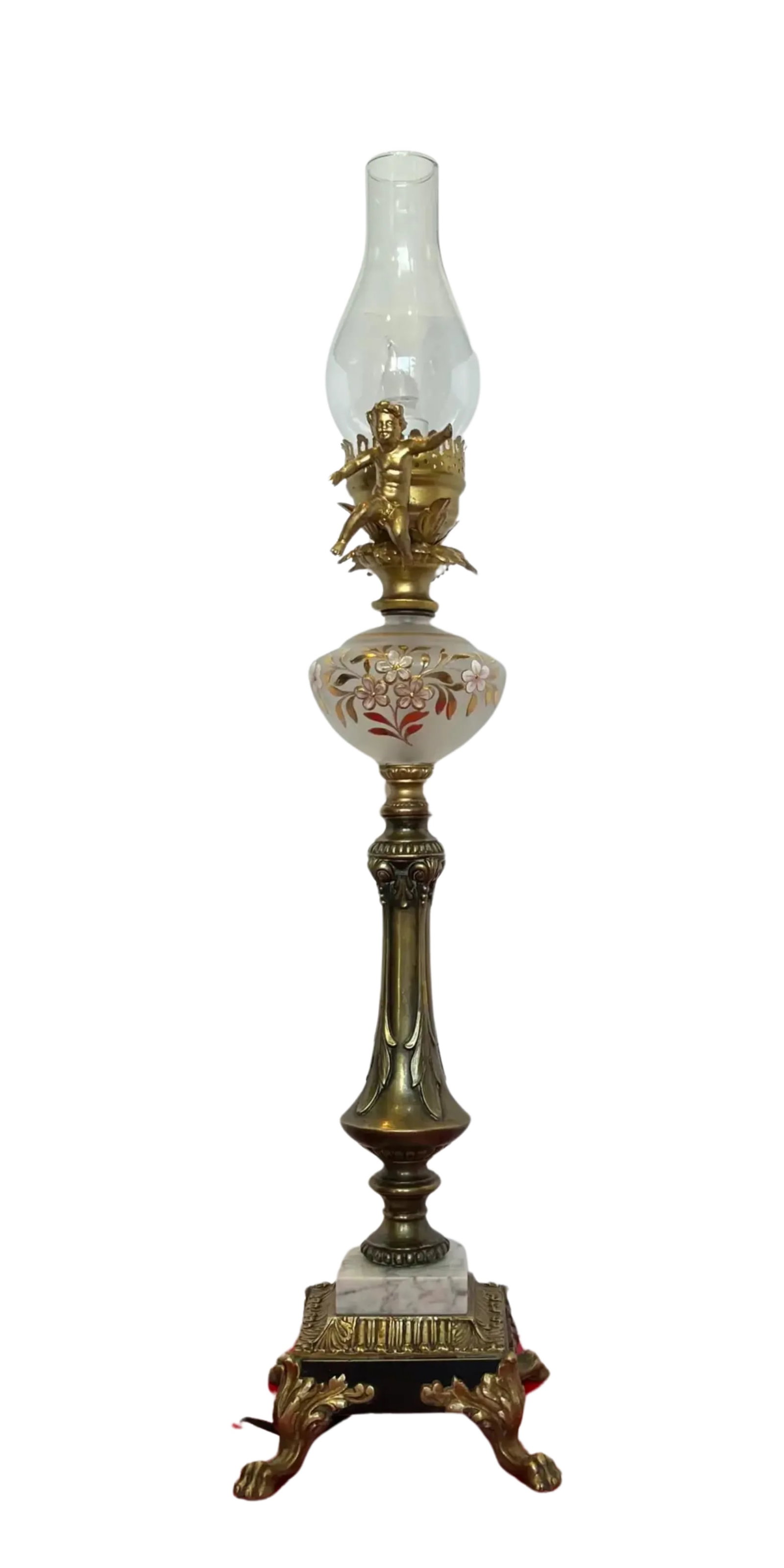 MId-Century Brass Cherub Floral Glass Torchiere Table Lamp - 7