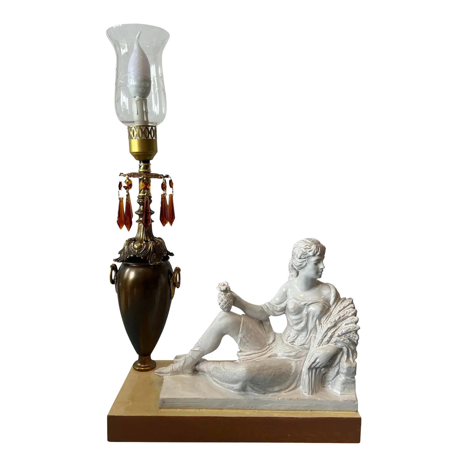 Mid-Century White Glazed Pottery Goddess Demeter Sculptural Candelabra Torchiere Table Lamp: This one-of-a-kind candelabra lamp is a stunning fusion of multiple mid-century design elements, meticulously crafted to tell a story of elegance and craftsmanship. The piece features a beautifully