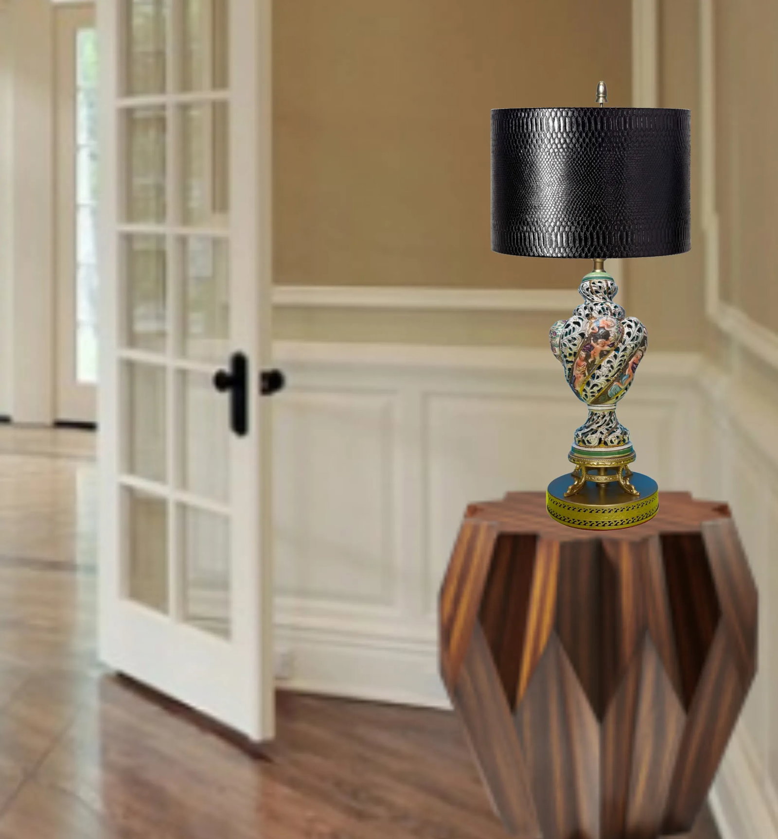 Mid-Century Capodimonte Pierced Porcelain Cherub Table Lamp - 11