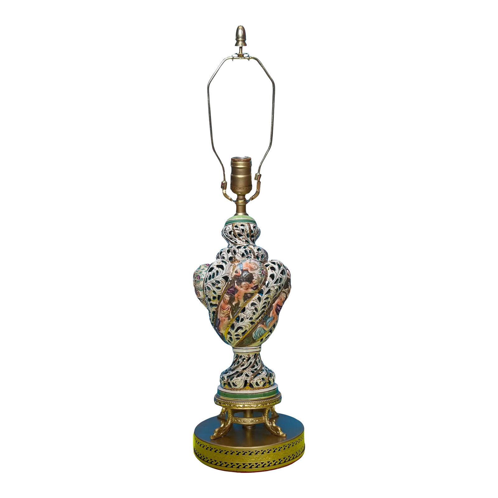 Mid-Century Capodimonte Pierced Porcelain Cherub Table Lamp: This exquisite Mid-Century Capodimonte porcelain table lamp is a stunning example of Italian craftsmanship, meticulously handcrafted and hand-painted in a rich palette of cream, yellow, purple, blue, 