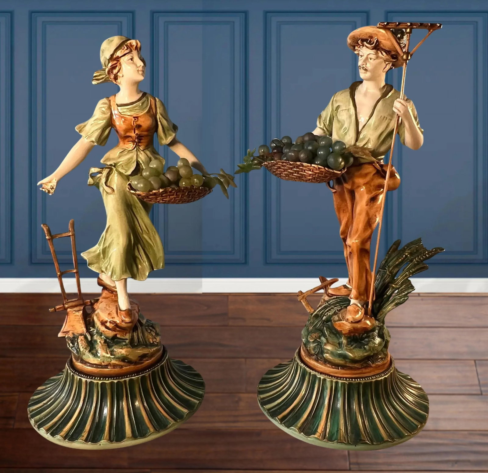 Moreau Spelter Sculpture Grape Harvesters Couple-A Pair - 7
