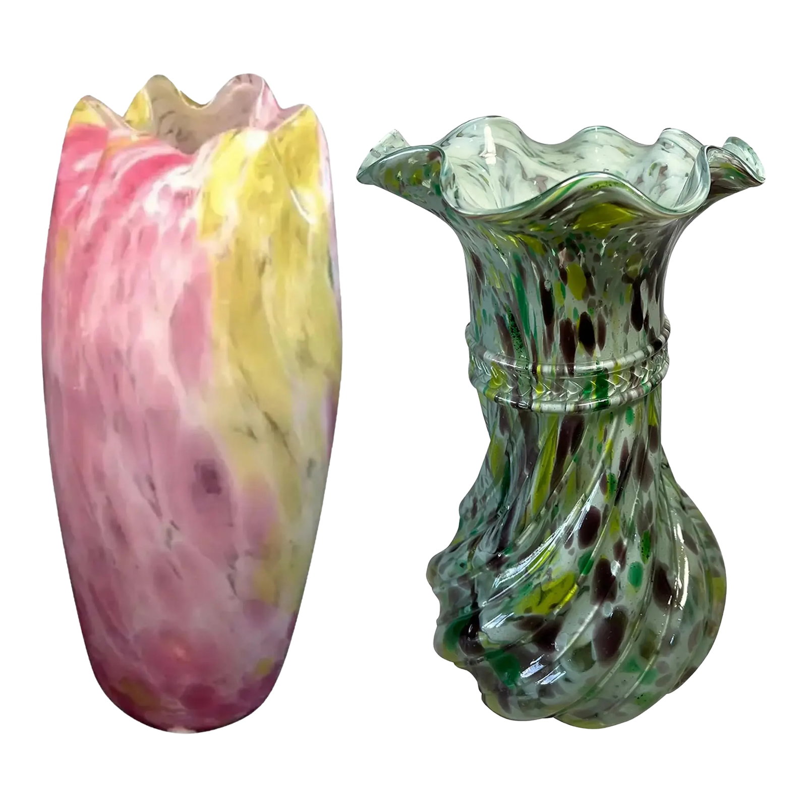 Antique Legras Art Glass Spatter Vase - a Pair: These stunning art glass vases, masterfully created by the renowned Auguste Legras Company in the early 1900s, showcase the exceptional artistry of the spatter glass technique"”also known as