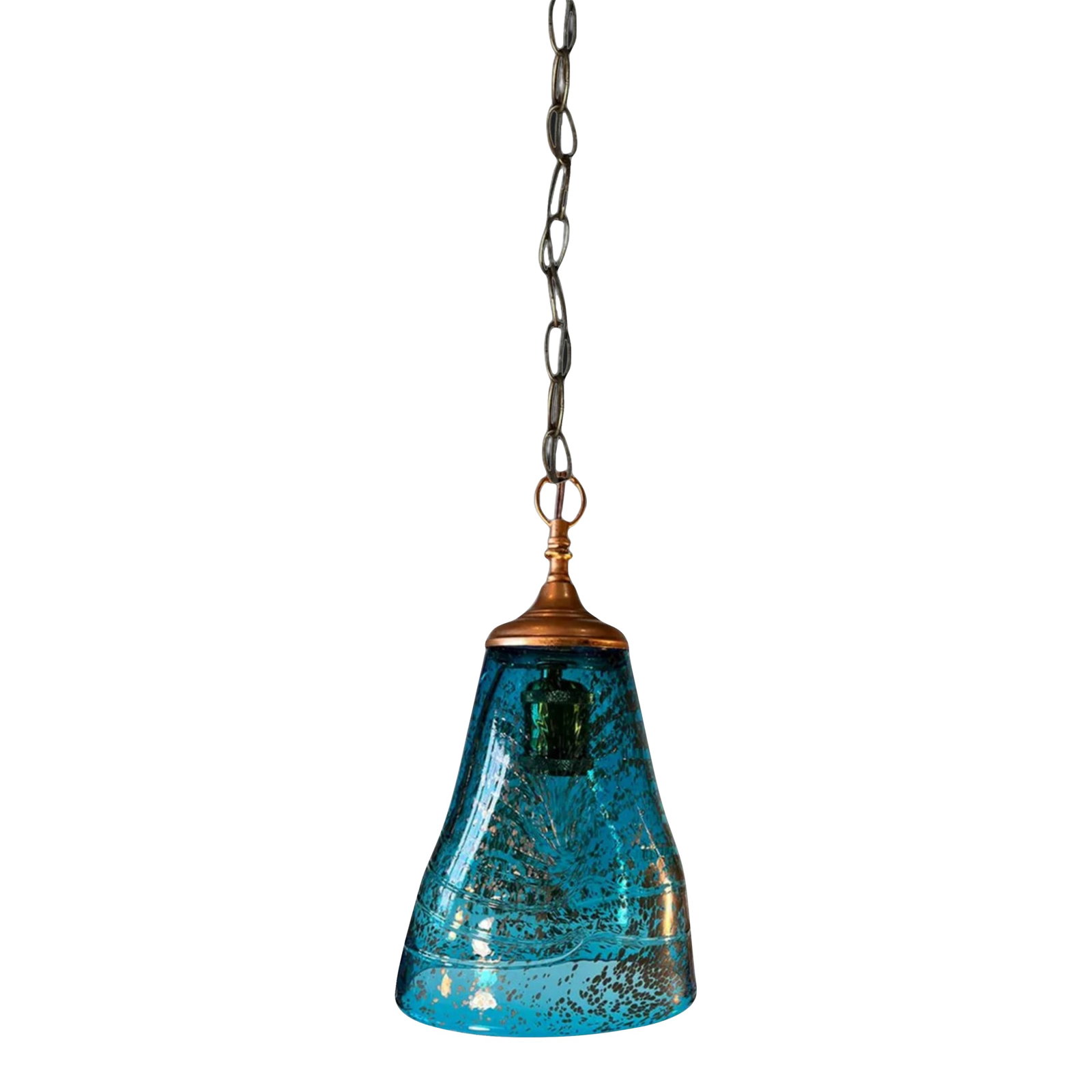 Art Glass Aqua Blue Pendant Light: This unique pendant light is a stunning fusion of artistry and vintage charm. Handblown from vibrant aqua blue glass and accented with antique brass components, it exudes a timeless elegance. The 14-i