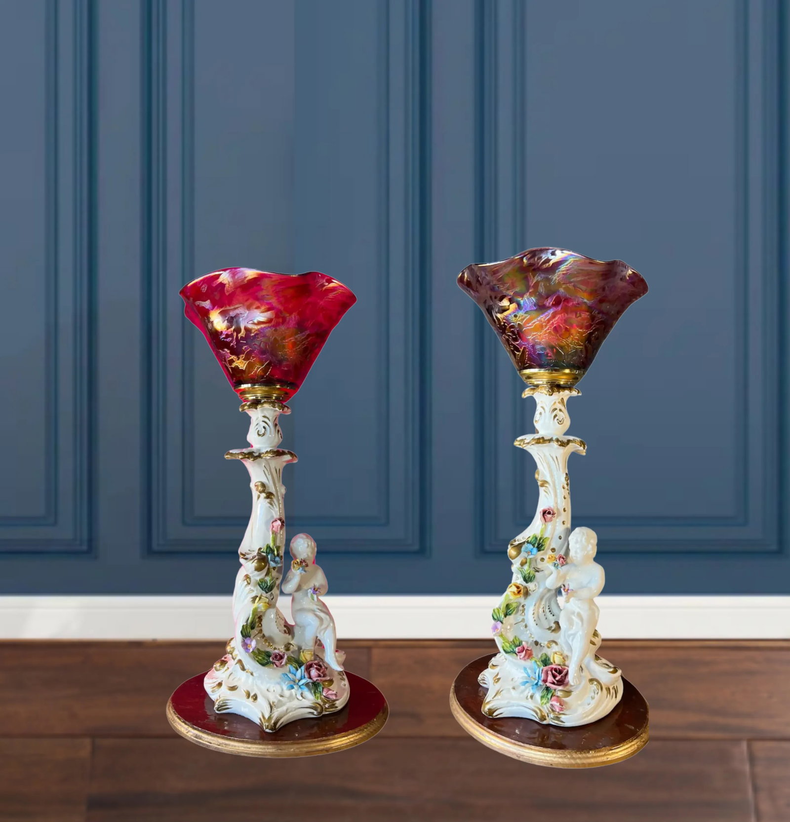Capodimonte Porcelain Cherub Art Glass Shade Torchiere Lamp - 10