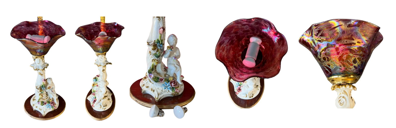 Capodimonte Porcelain Cherub Art Glass Shade Torchiere Lamp - 12