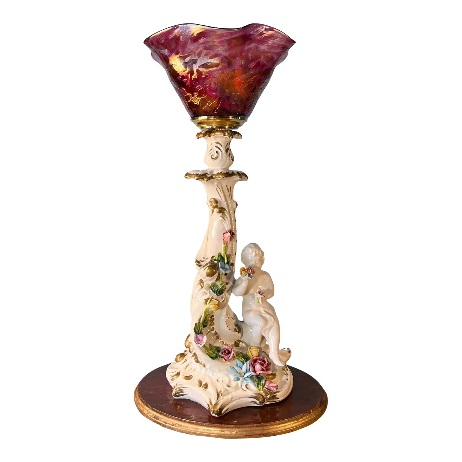 Capodimonte Porcelain Cherub Art Glass Shade Torchiere Lamp (1 of 12)