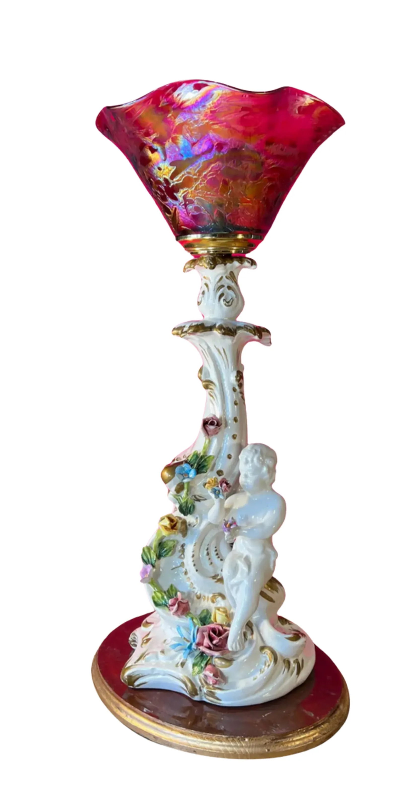 Capodimonte Porcelain Cherub Art Glass Shade Torchiere Lamp - 2