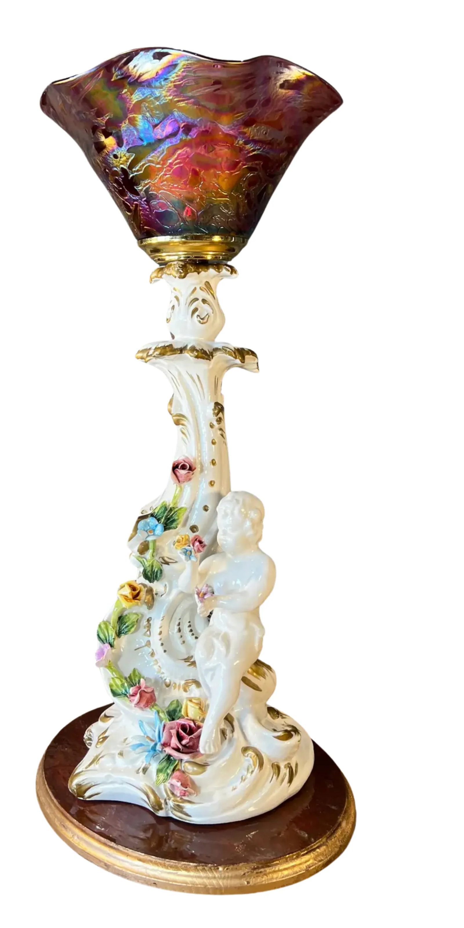 Capodimonte Porcelain Cherub Art Glass Shade Torchiere Lamp - 5