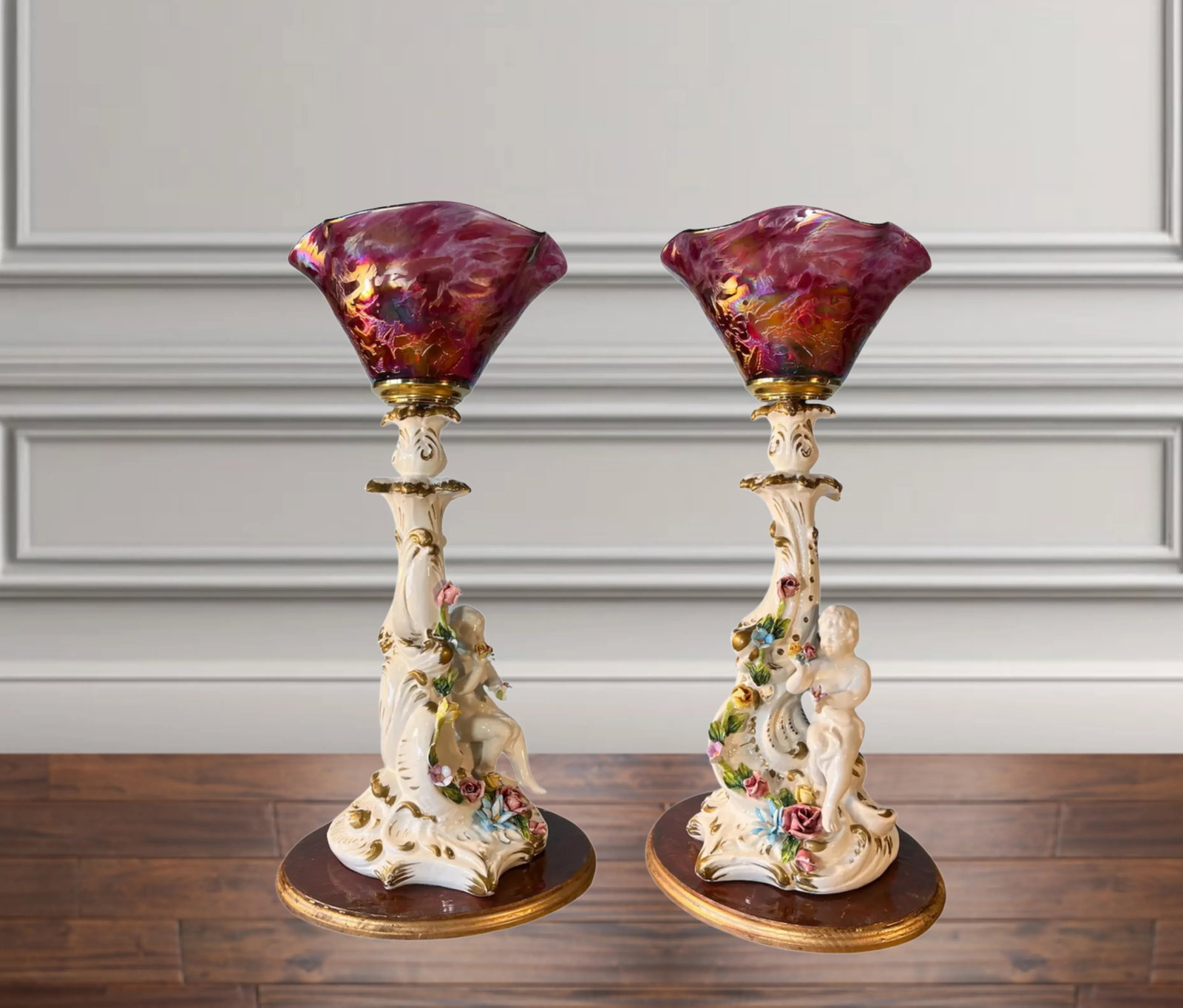 Capodimonte Porcelain Cherub Art Glass Shade Torchiere Lamp - 8