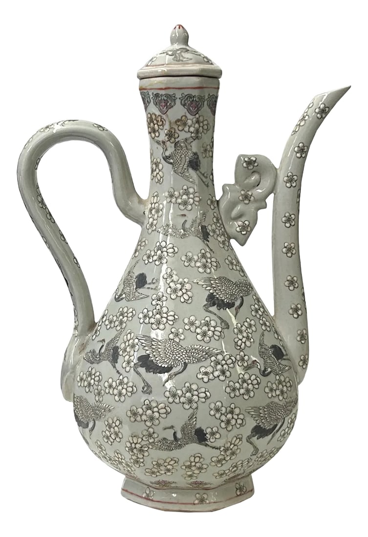 Vintage Chinese Cranes Blossom Octagonal Gray Porcelain Wine Jar Art: This elegant porcelain teapot / wine jar exudes timeless craftsmanship, featuring a gracefully curved spout and a delicately arched handle that lend it a sense of refined balance. The body of the teap