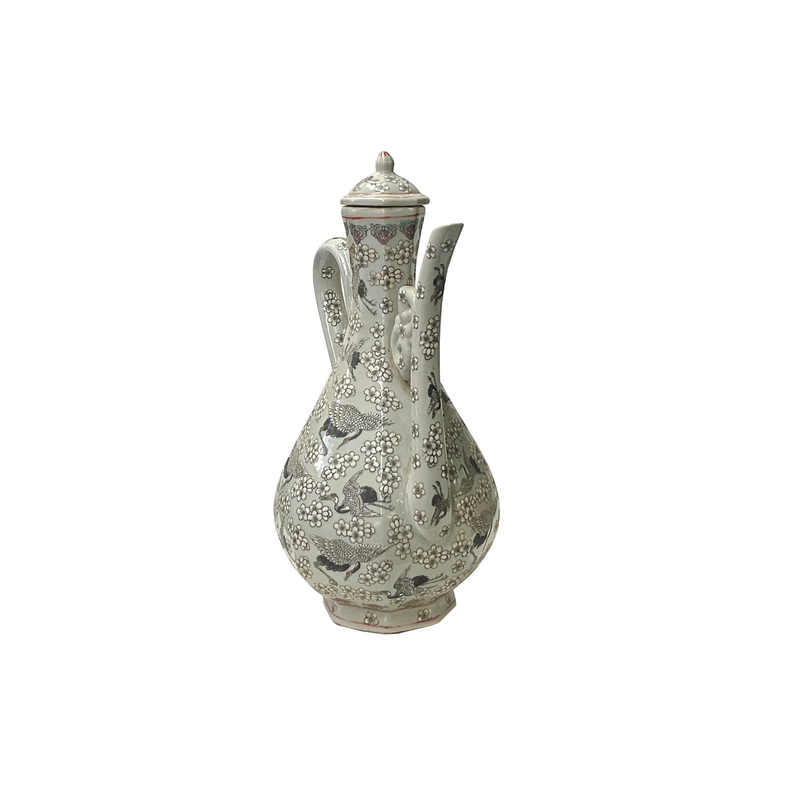 Vintage Chinese Cranes Blossom Octagonal Gray Porcelain Wine Jar Art - 2
