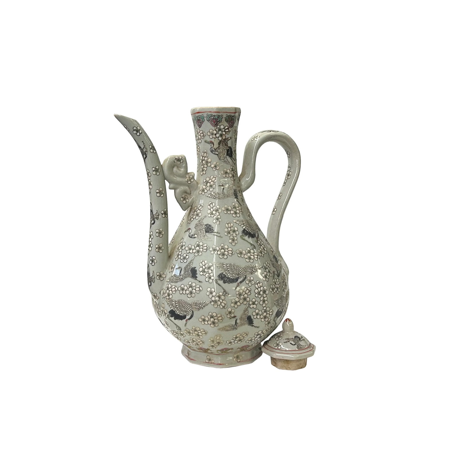 Vintage Chinese Cranes Blossom Octagonal Gray Porcelain Wine Jar Art - 3