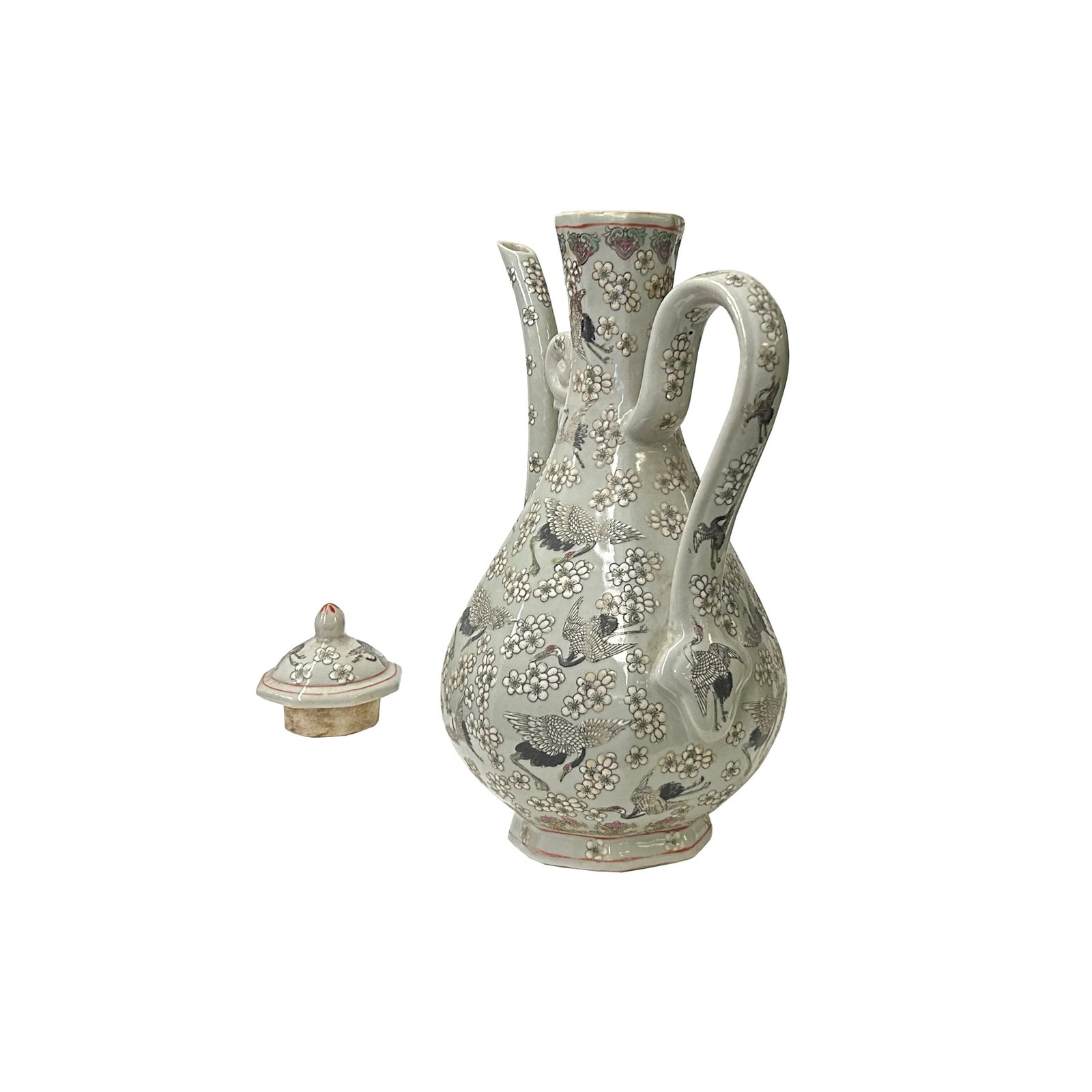 Vintage Chinese Cranes Blossom Octagonal Gray Porcelain Wine Jar Art - 4