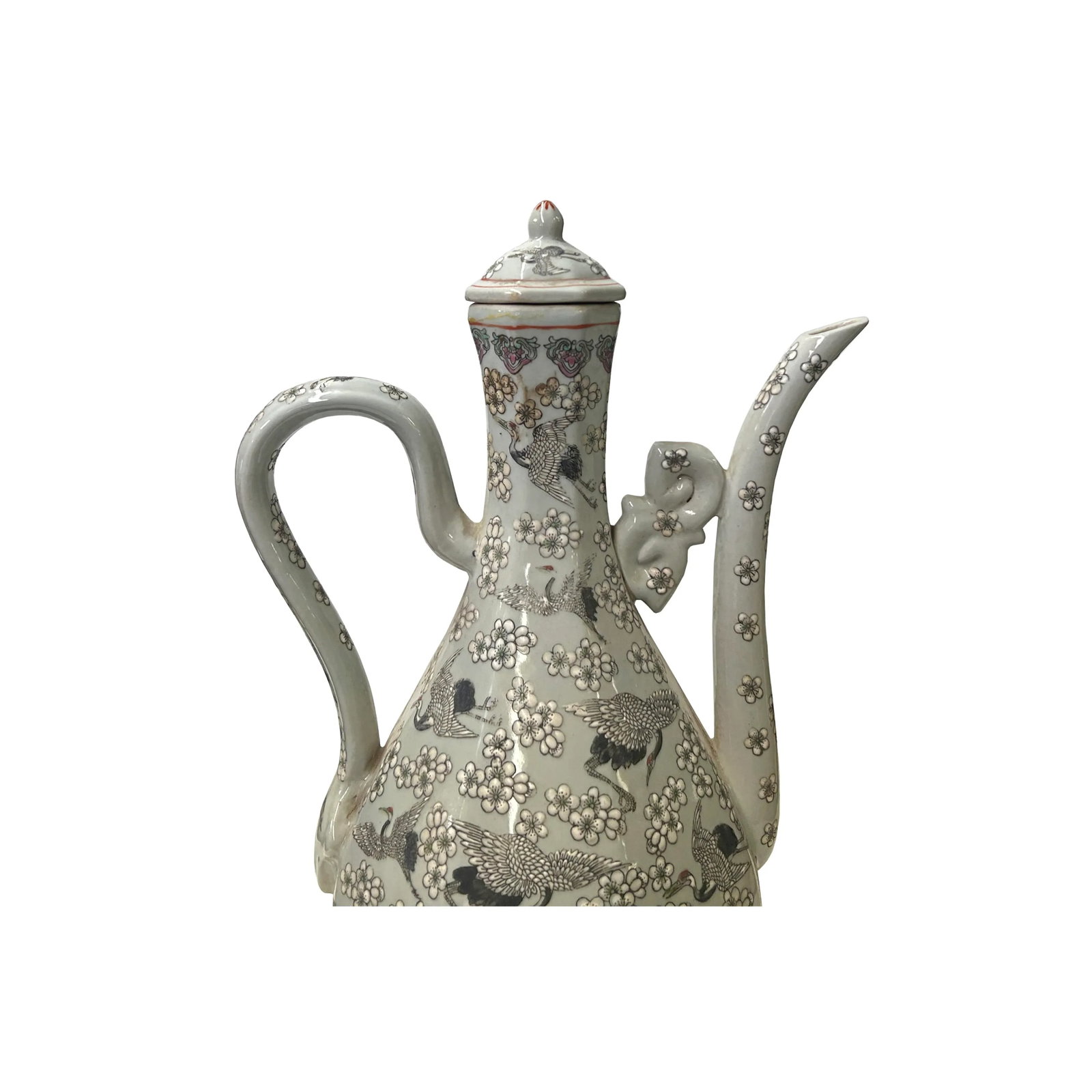 Vintage Chinese Cranes Blossom Octagonal Gray Porcelain Wine Jar Art - 5