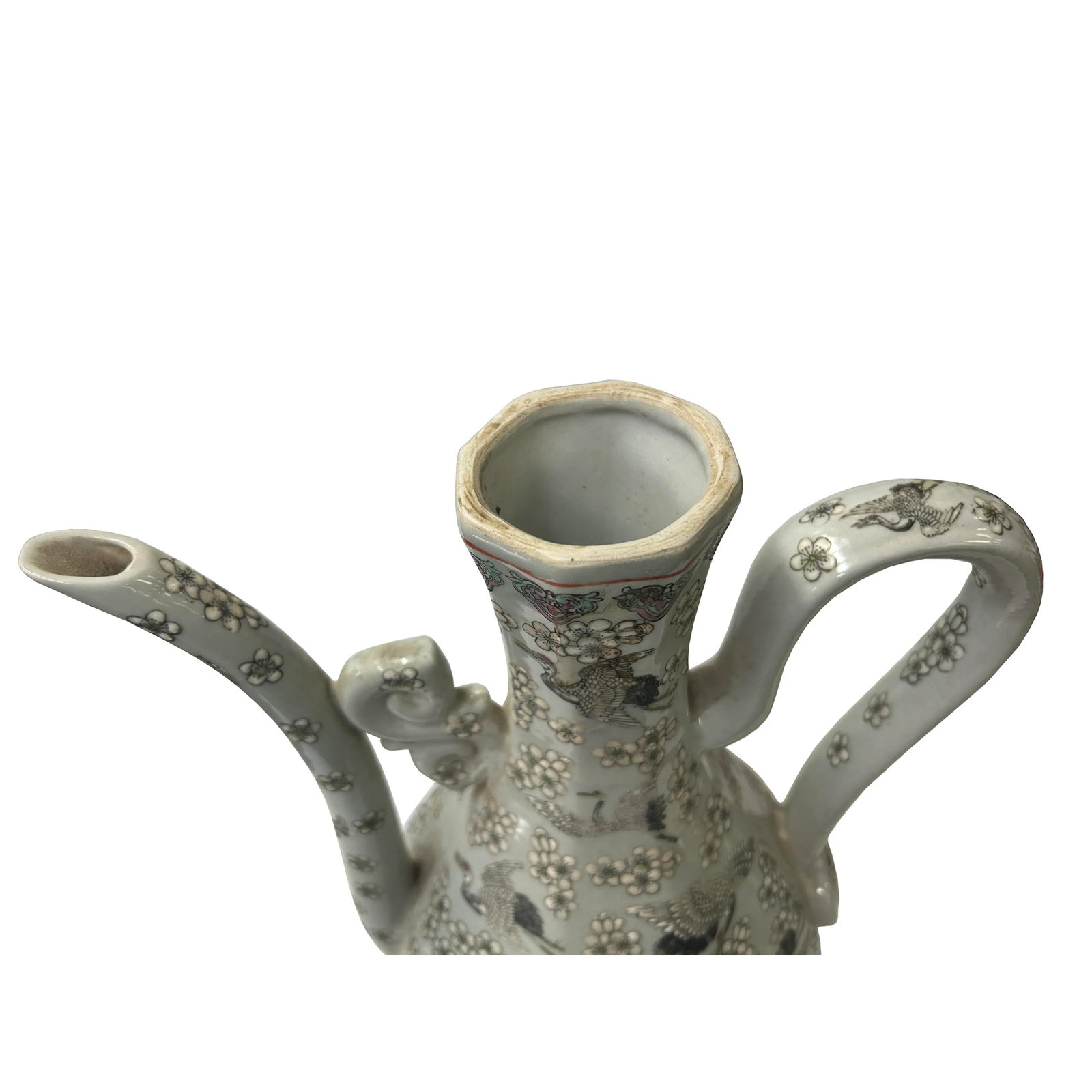 Vintage Chinese Cranes Blossom Octagonal Gray Porcelain Wine Jar Art - 7