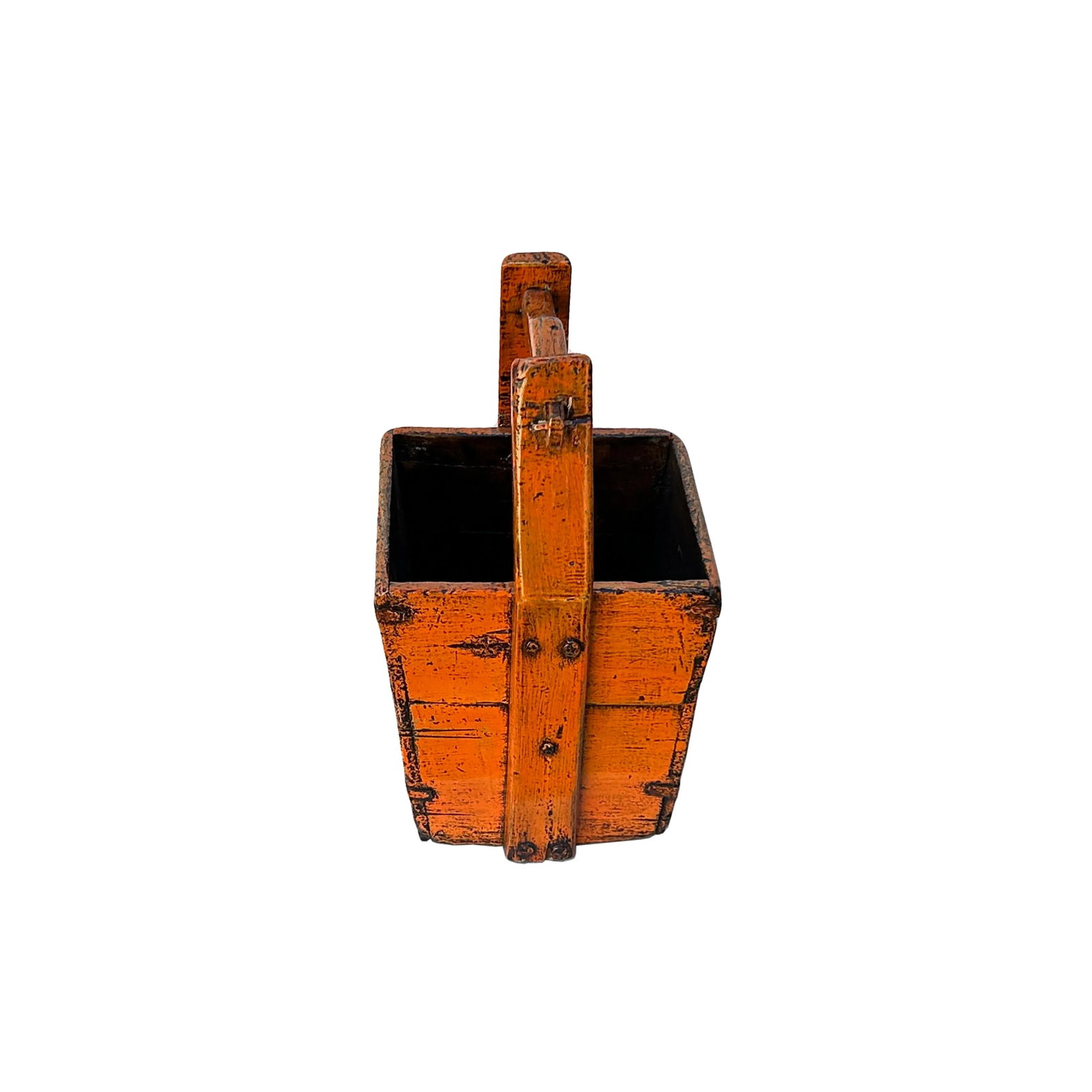 Vintage Rustic Orange Square With Handle Wood Bucket - 3
