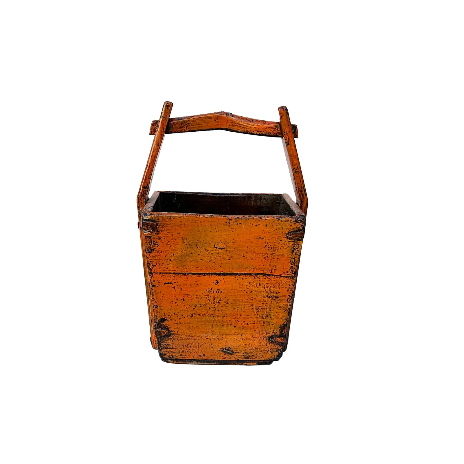 Vintage Rustic Orange Square With Handle Wood Bucket - 4