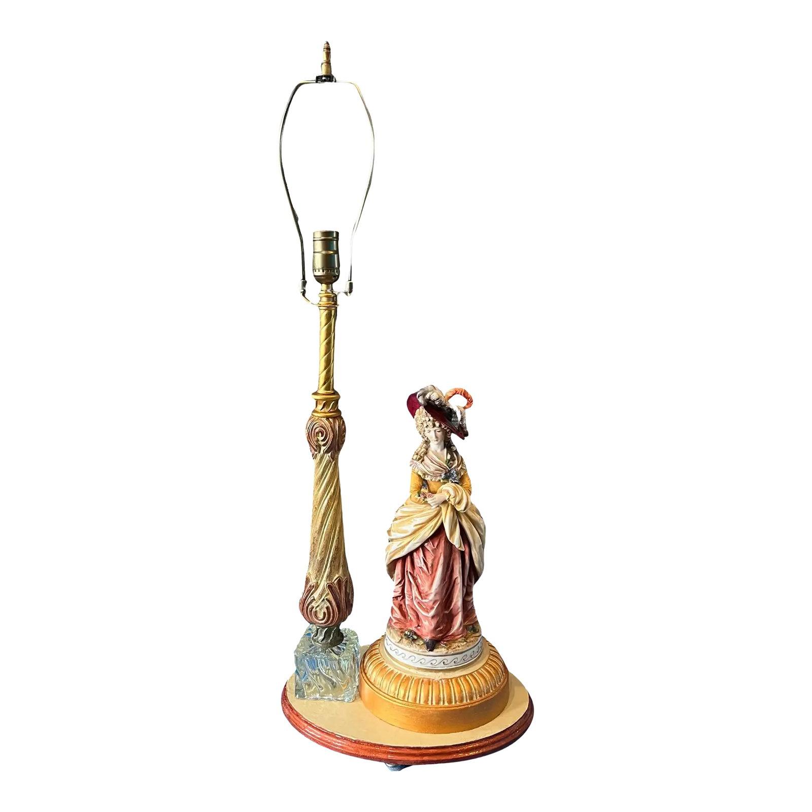 Antique German Figural Lady Porcelain Table Lamp: This exquisite Dresden-style antique porcelain table lamp is a true masterpiece, crafted by skilled artisans in Germany, replicating the elegance and opulence of the Rococo era. On the bottom of the f