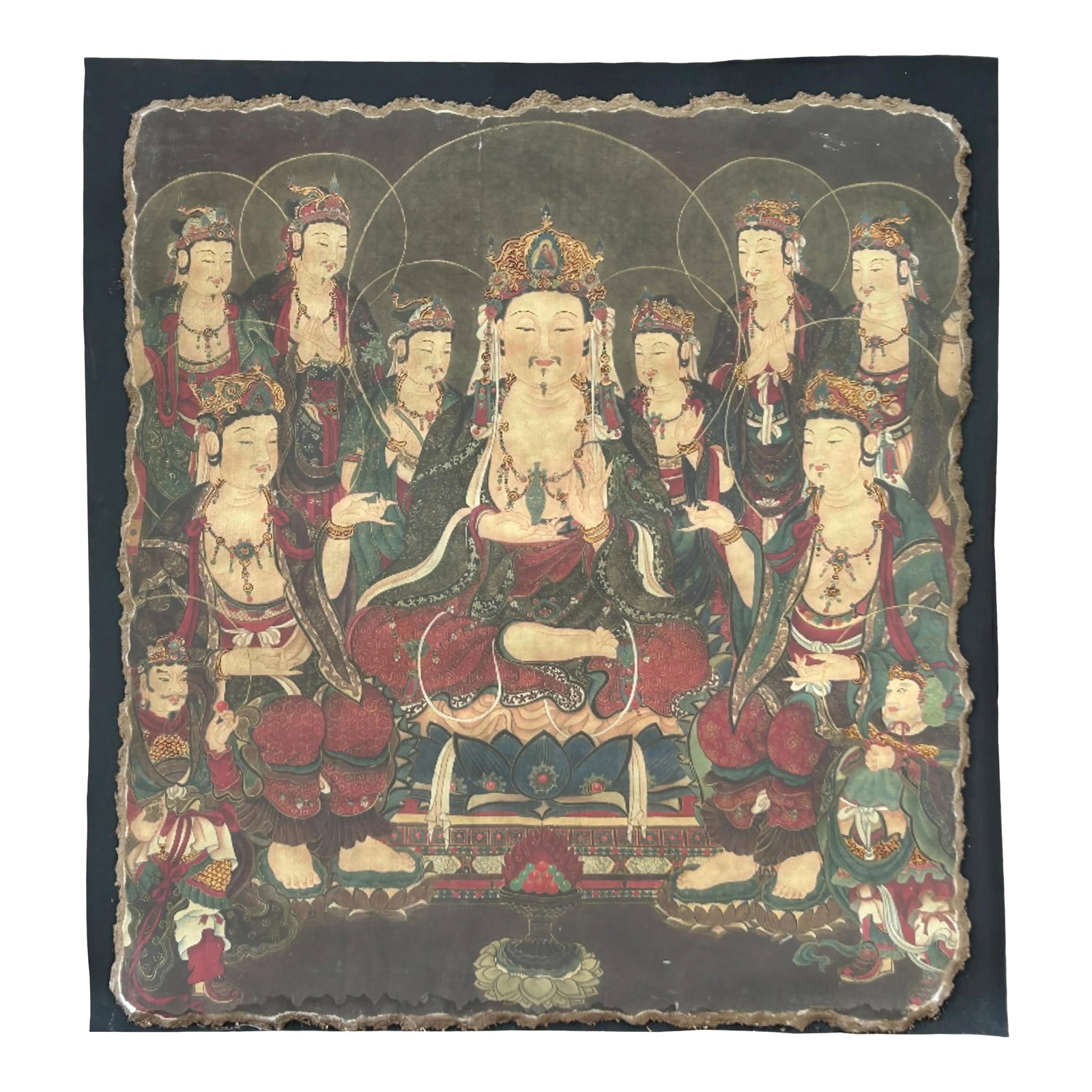 Oriental Tong Dynasty Style Bodhisattva Painting on Paper Mache Wall Art: This captivating antique painting, likely a devotional piece from East Asian Buddhist tradition, portrays a central deity"”possibly Guanyin, the Bodhisattva of Compassion"”surrounded by a 