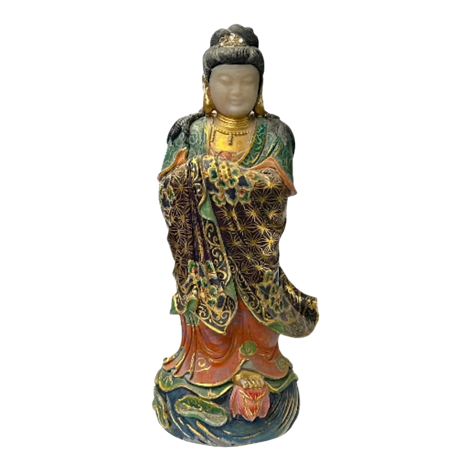Chinese Stone Carved Color Dressing Paint Bodhisattva Statue: This intricately crafted figurine depicts a regal, standing figure, likely a deity or revered personage from East Asian culture, possibly Guanyin, the Buddhist bodhisattva of compassion. The statue is