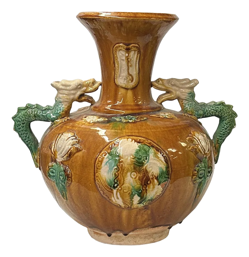 Oriental Tri-Color Glaze Dragon Handle Pottery Ceramic Art Vase (1 of 7)