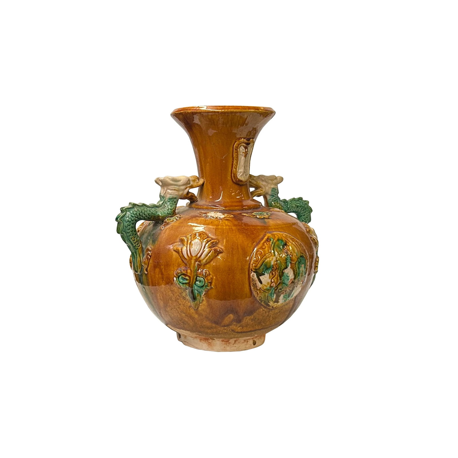 Oriental Tri-Color Glaze Dragon Handle Pottery Ceramic Art Vase - 2