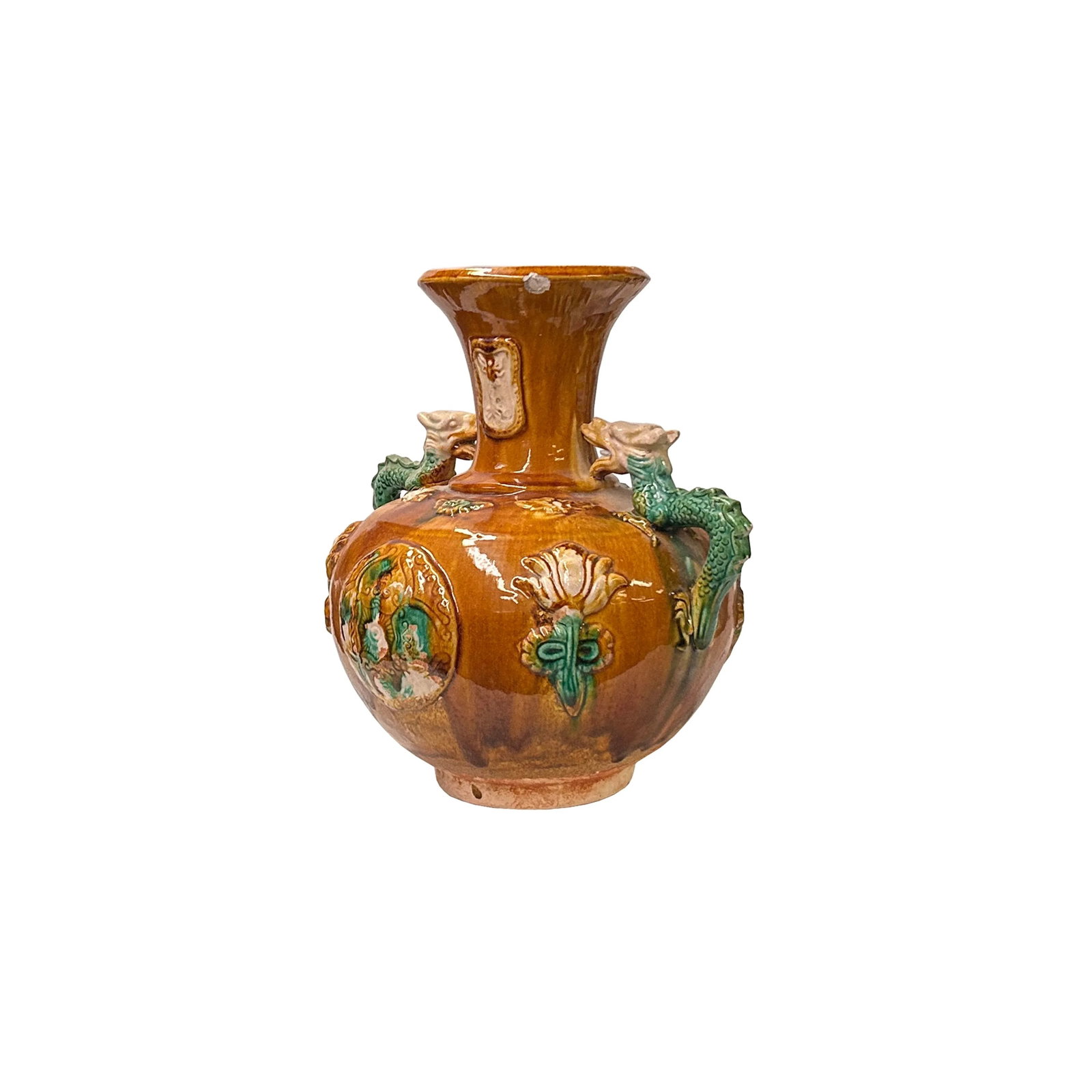 Oriental Tri-Color Glaze Dragon Handle Pottery Ceramic Art Vase - 3