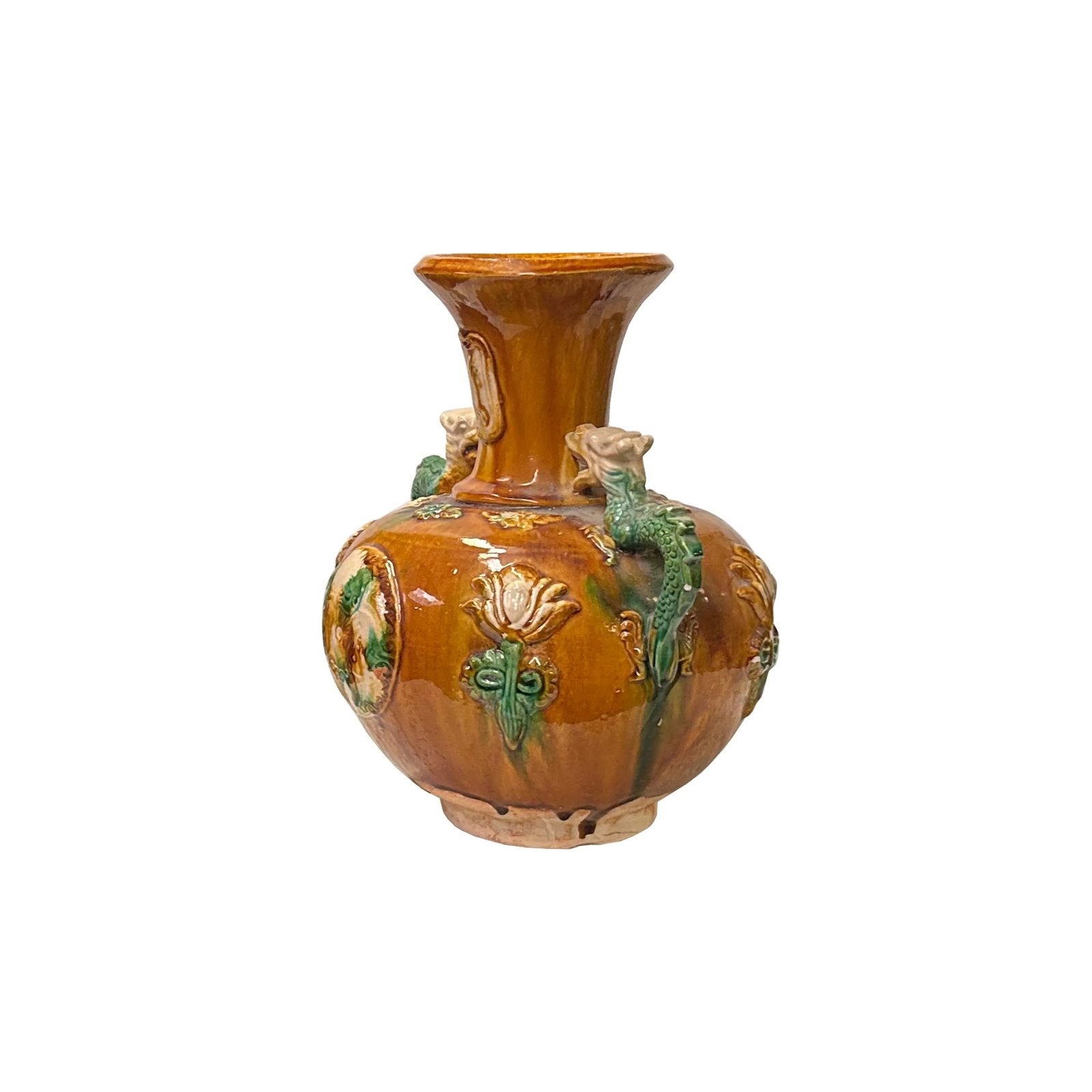Oriental Tri-Color Glaze Dragon Handle Pottery Ceramic Art Vase - 4