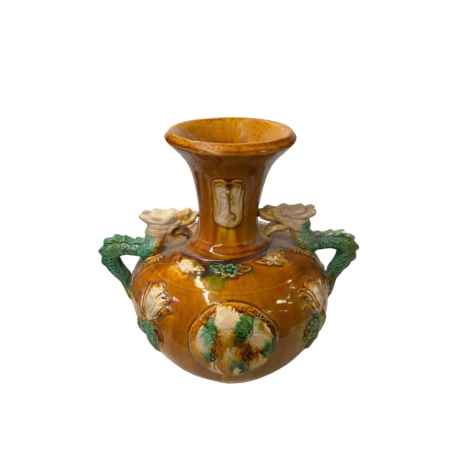 Oriental Tri-Color Glaze Dragon Handle Pottery Ceramic Art Vase - 5
