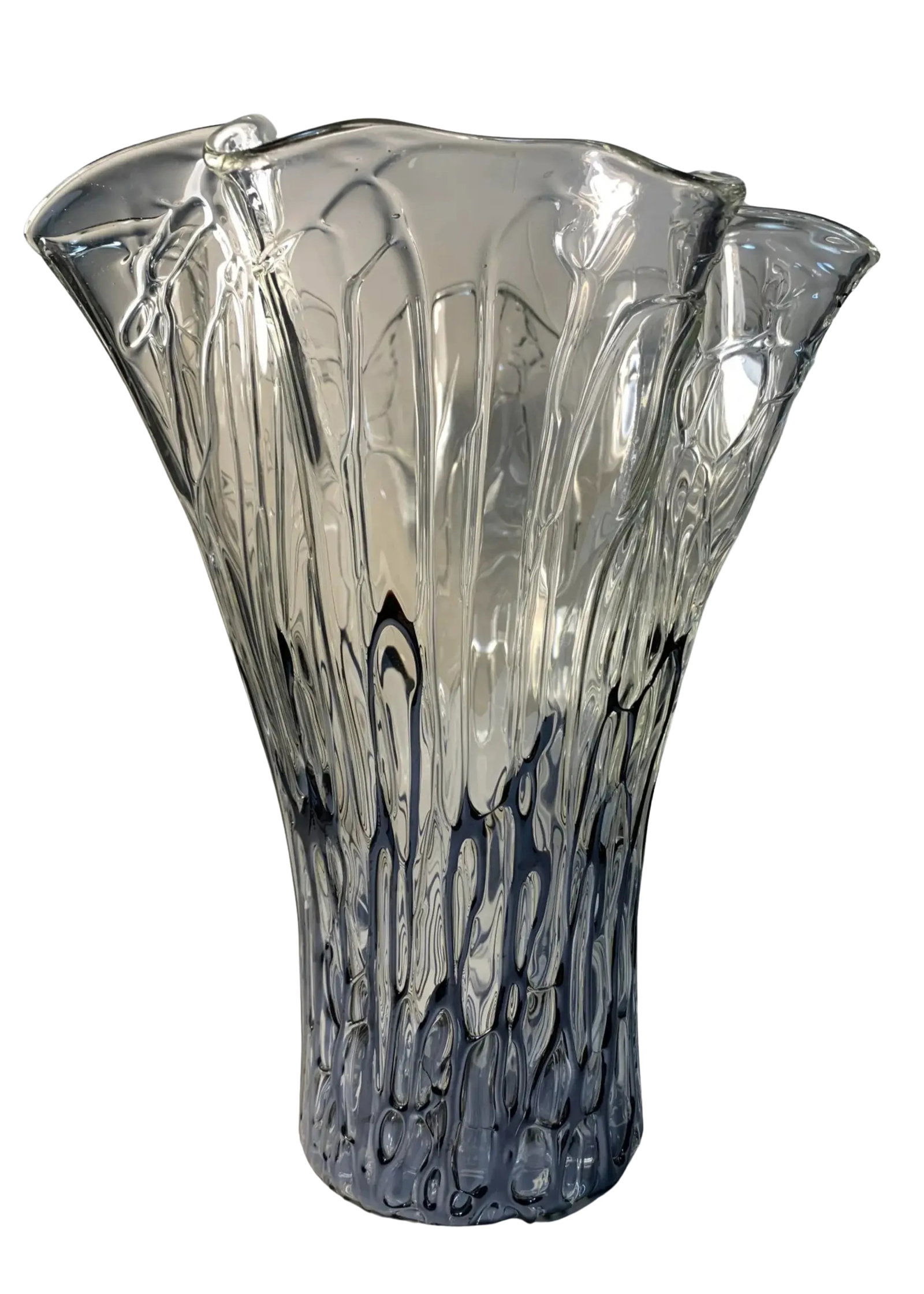 Art Glass Handkerchief Vase Abstract Applied Black Glass Design - 10