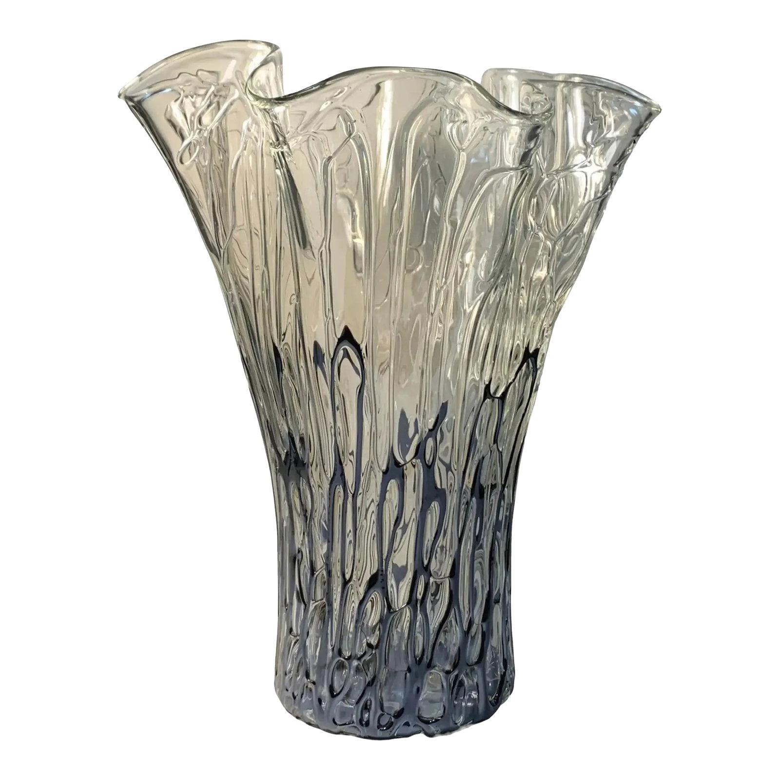 Art Glass Handkerchief Vase Abstract Applied Black Glass Design: This breathtaking 12 Â½-inch-tall art glass vase is a true masterpiece, meticulously hand-blown by skilled artisans. The design features a sleek cylindrical body that tapers gracefully befor