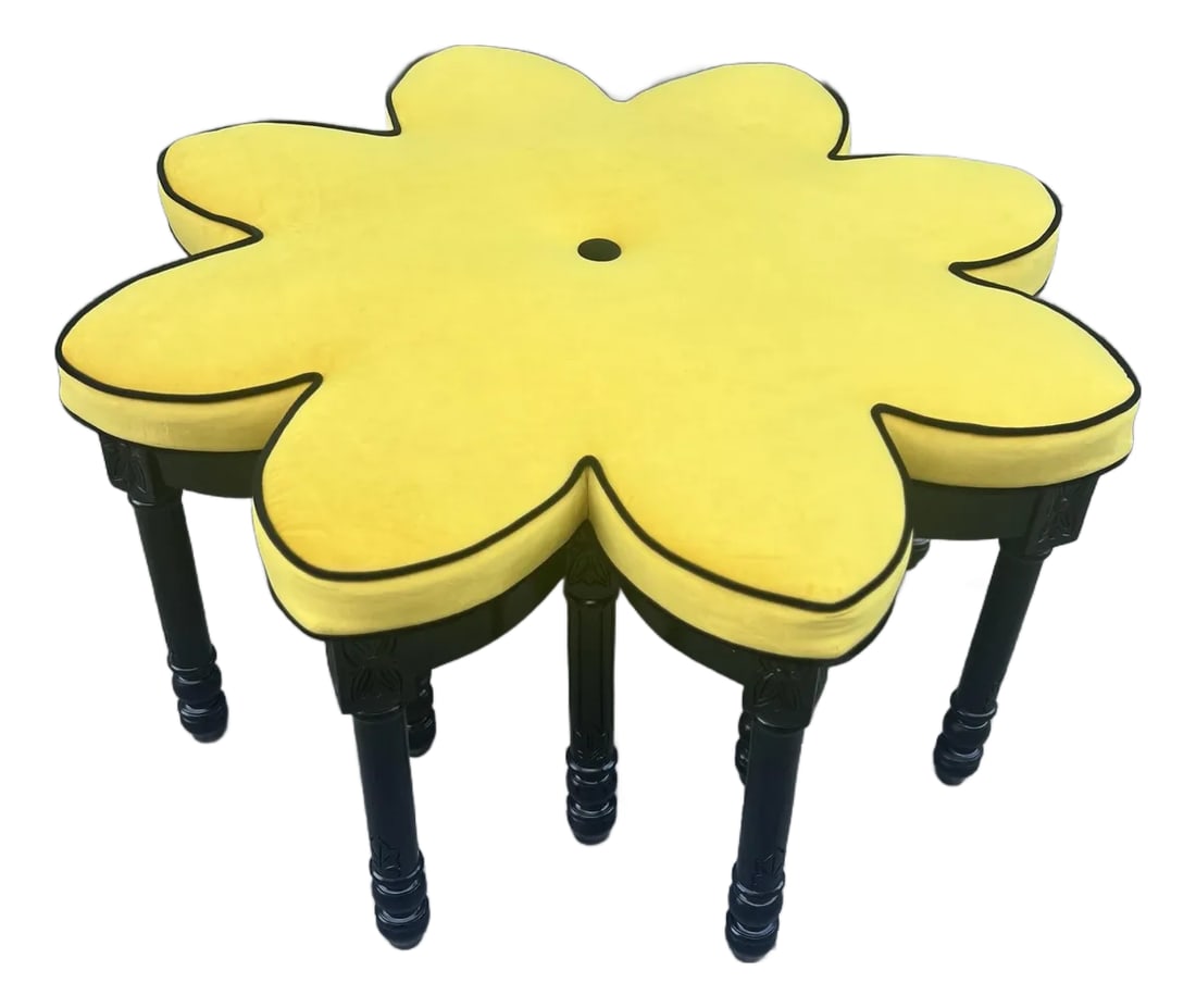 1960s Vintage Big Yellow Star Ottoman: One of a kind Unique Big Vintage Flower Ottoman/Coffee Table made of real solid wood with unprecedented many legs Upholstered in yellow velvet and black trim39" Width x 21" Height Condition: