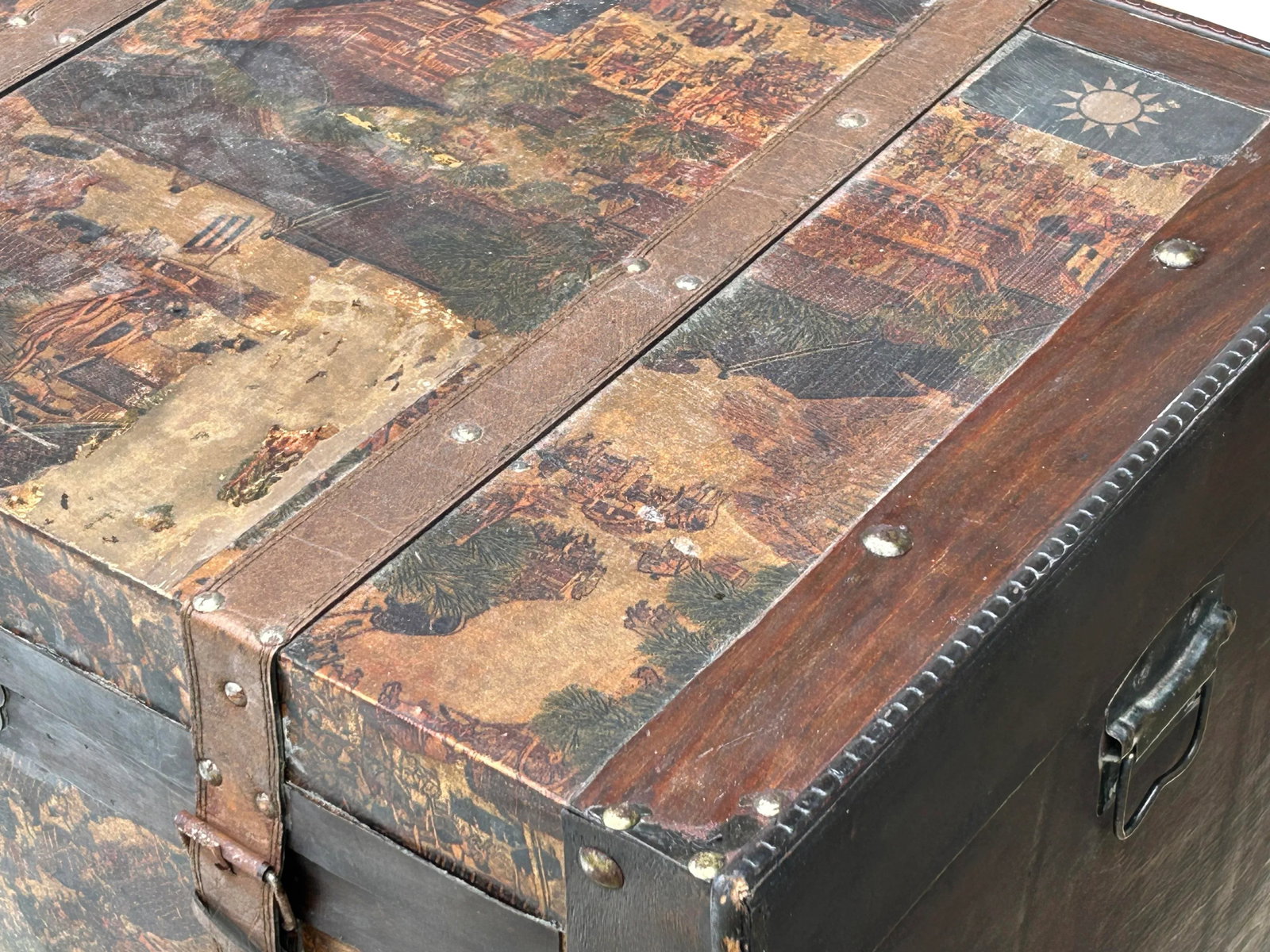 Vintage Weathered Patina Treasure Chest Shape Wood Trunk Box - 9