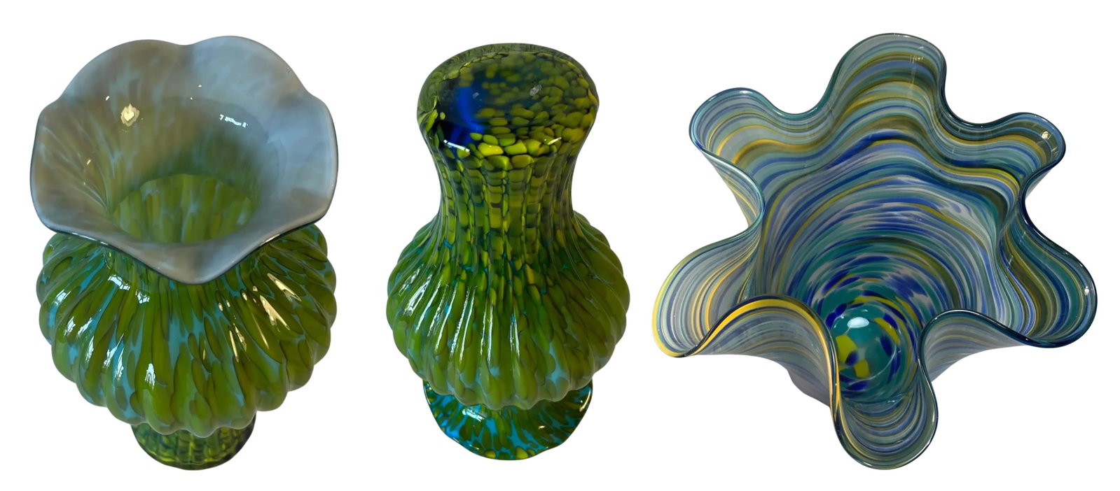 Murano Blue Yellow Green Art Glass Vase Swirls Oval Patterns- A Pair - 12