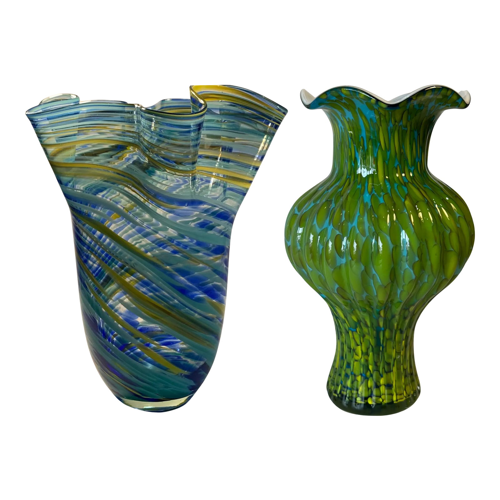Murano Blue Yellow Green Art Glass Vase Swirls Oval Patterns- A Pair: This stunning pair of hand-blown Murano art glass vases exemplifies both unity and contrast, making them a captivating statement for any space. Crafted by skilled artisans in Murano, Italy, both