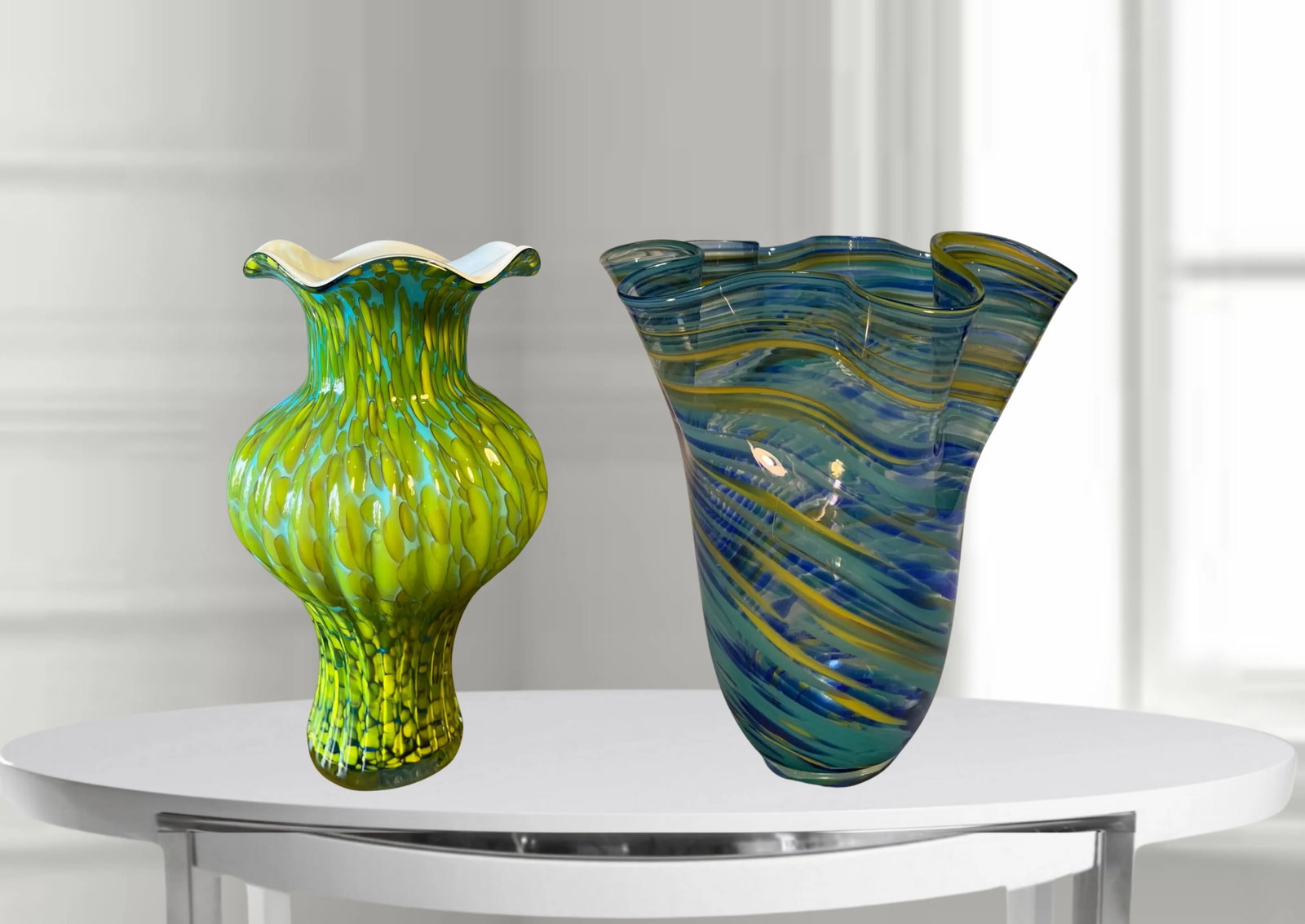 Murano Blue Yellow Green Art Glass Vase Swirls Oval Patterns- A Pair - 3